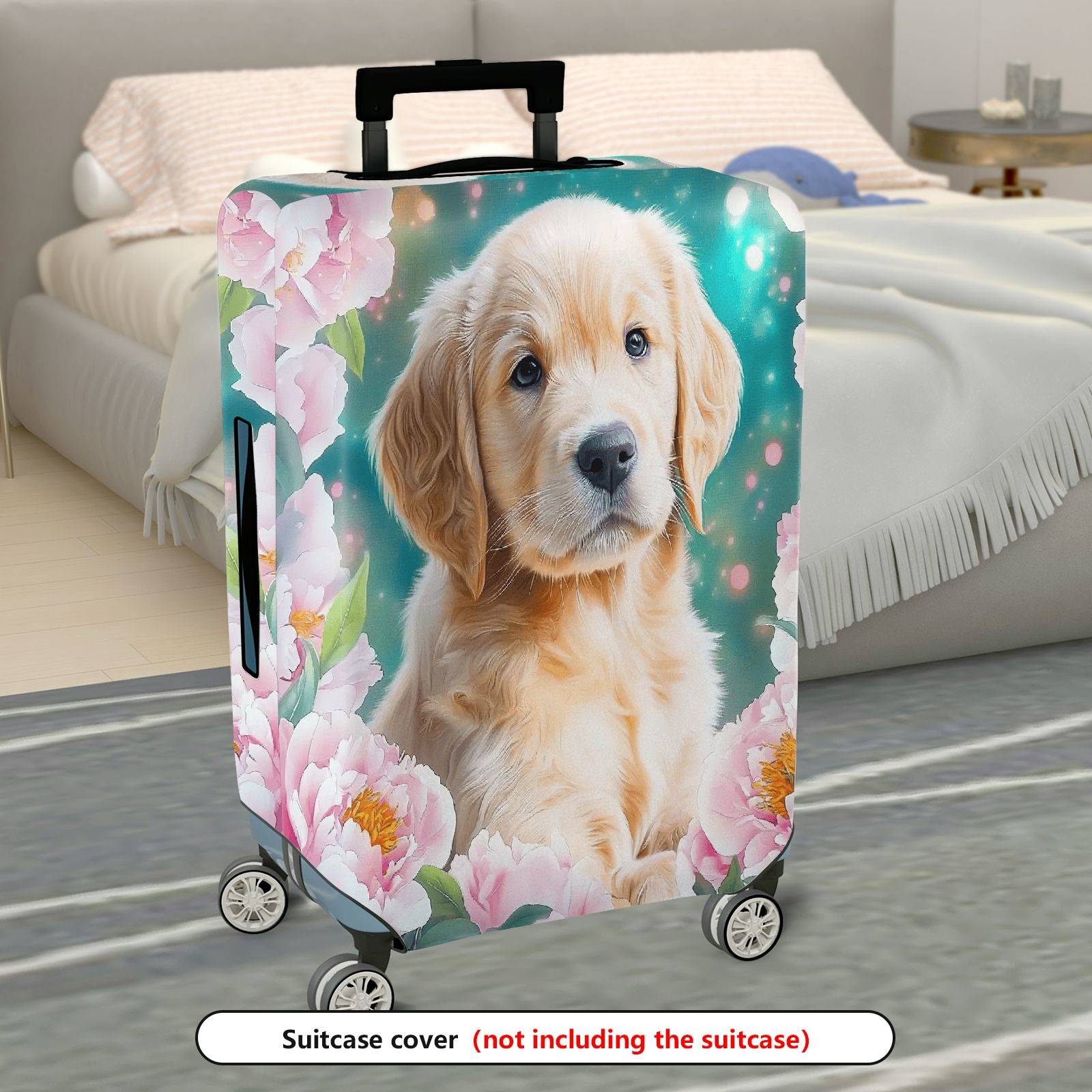 1-Piece Floral Dog Pink Peony Cute Animal  Suitcase Luggage Cover, Stretch Protective Sleeve