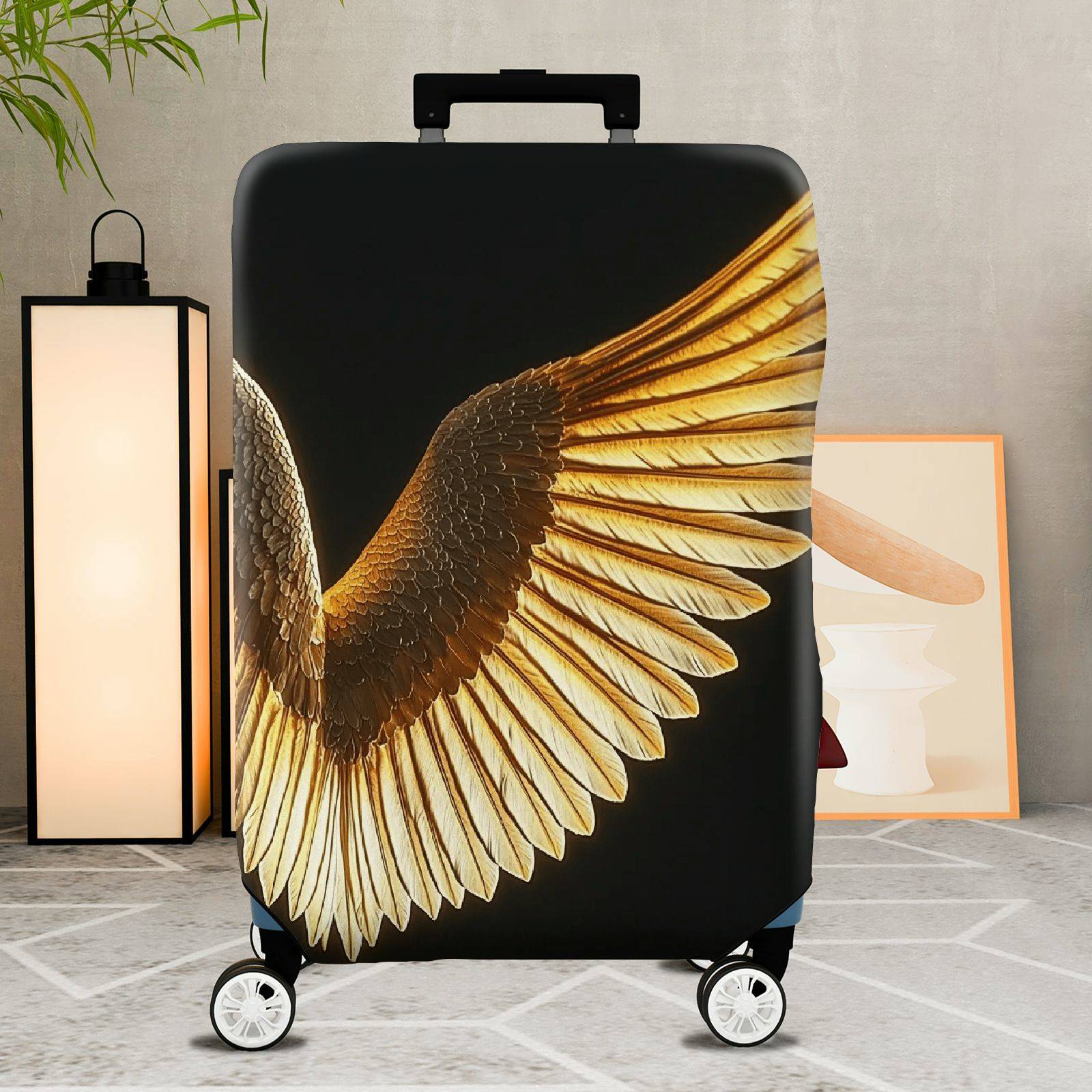 1-Piece Angel Wing Golden Black Artistic Stylish Unique Chic  Suitcase Luggage Cover, Stretch Protective Sleeve