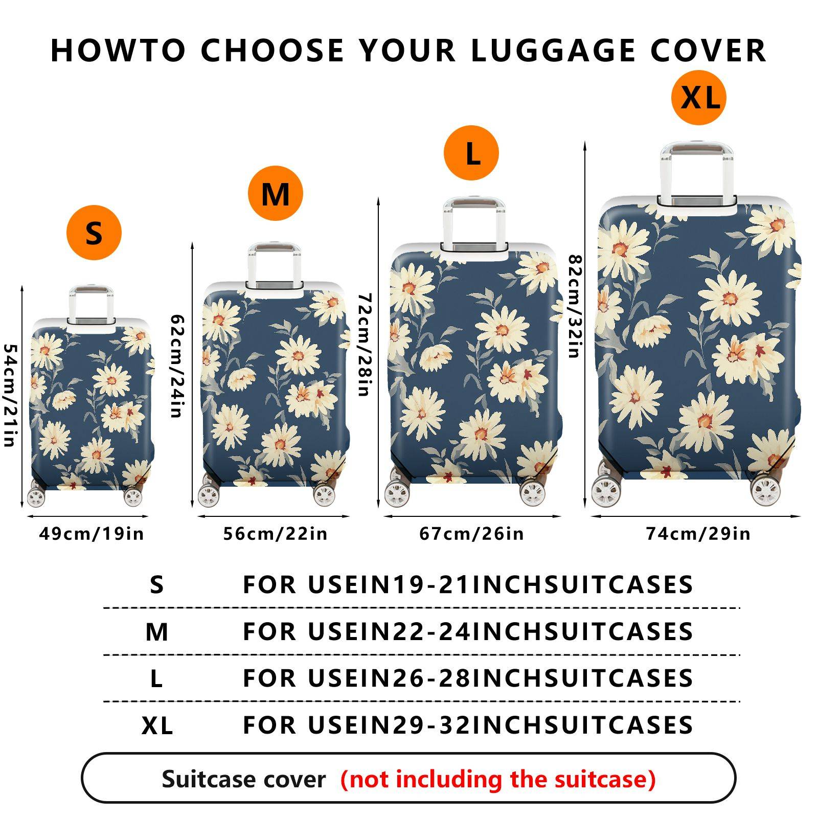 1-Piece Floral Daisy Pattern Blue Luggage  Suitcase Luggage Cover, Stretch Protective Sleeve