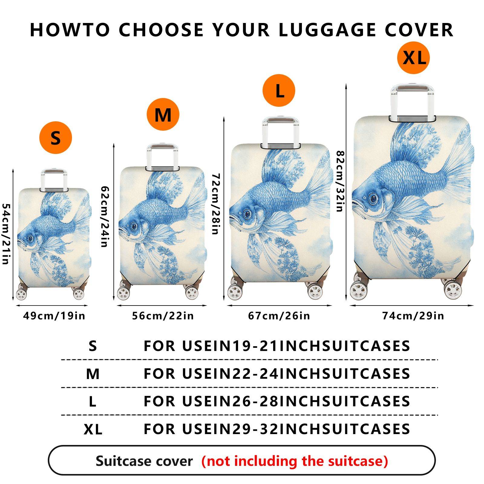 1-Piece Artistic Blue Fish Floral Nature Elegant  Suitcase Luggage Cover, Stretch Protective Sleeve