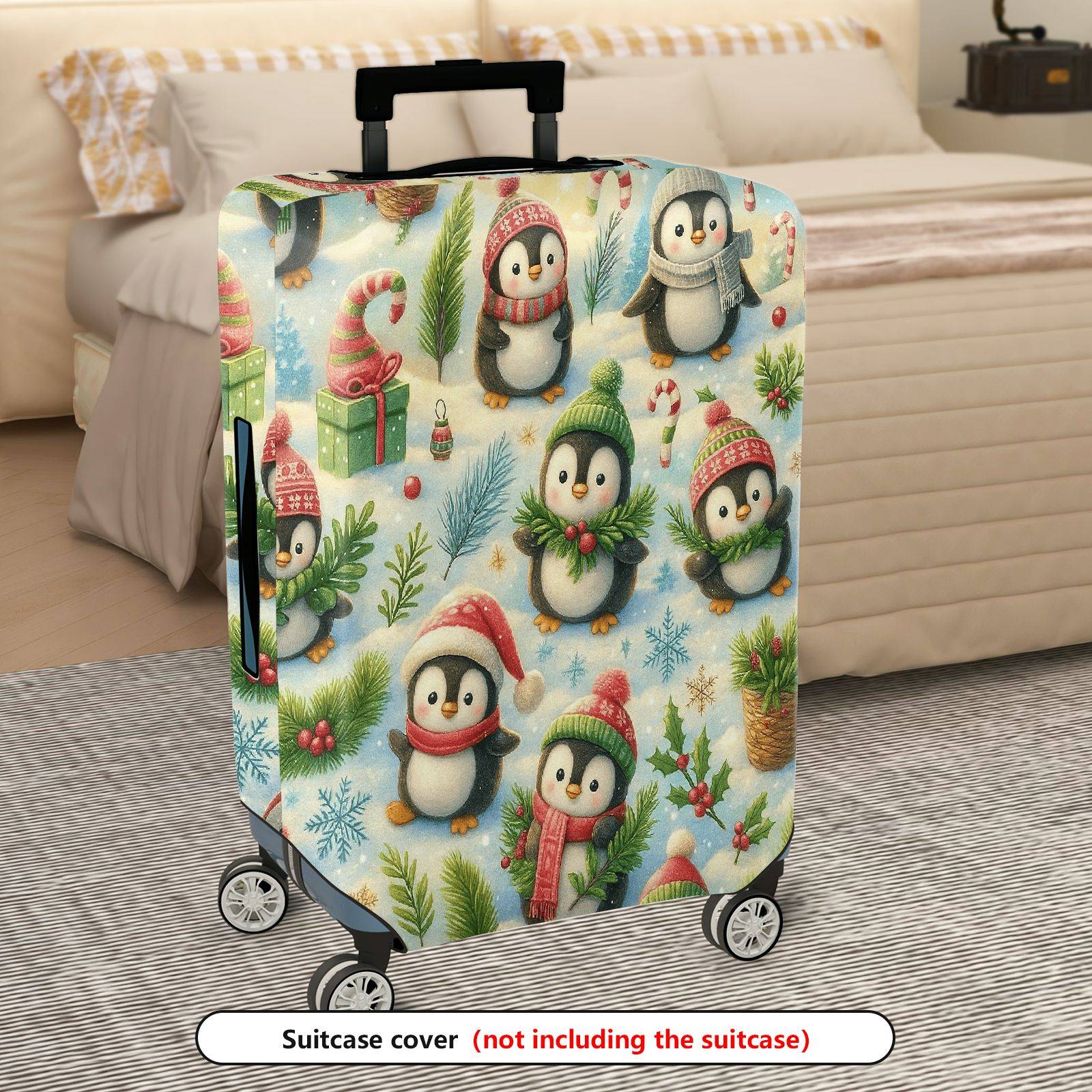 1-Piece Christmas Penguin Winter Holiday Gift Festive  Suitcase Luggage Cover, Stretch Protective Sleeve