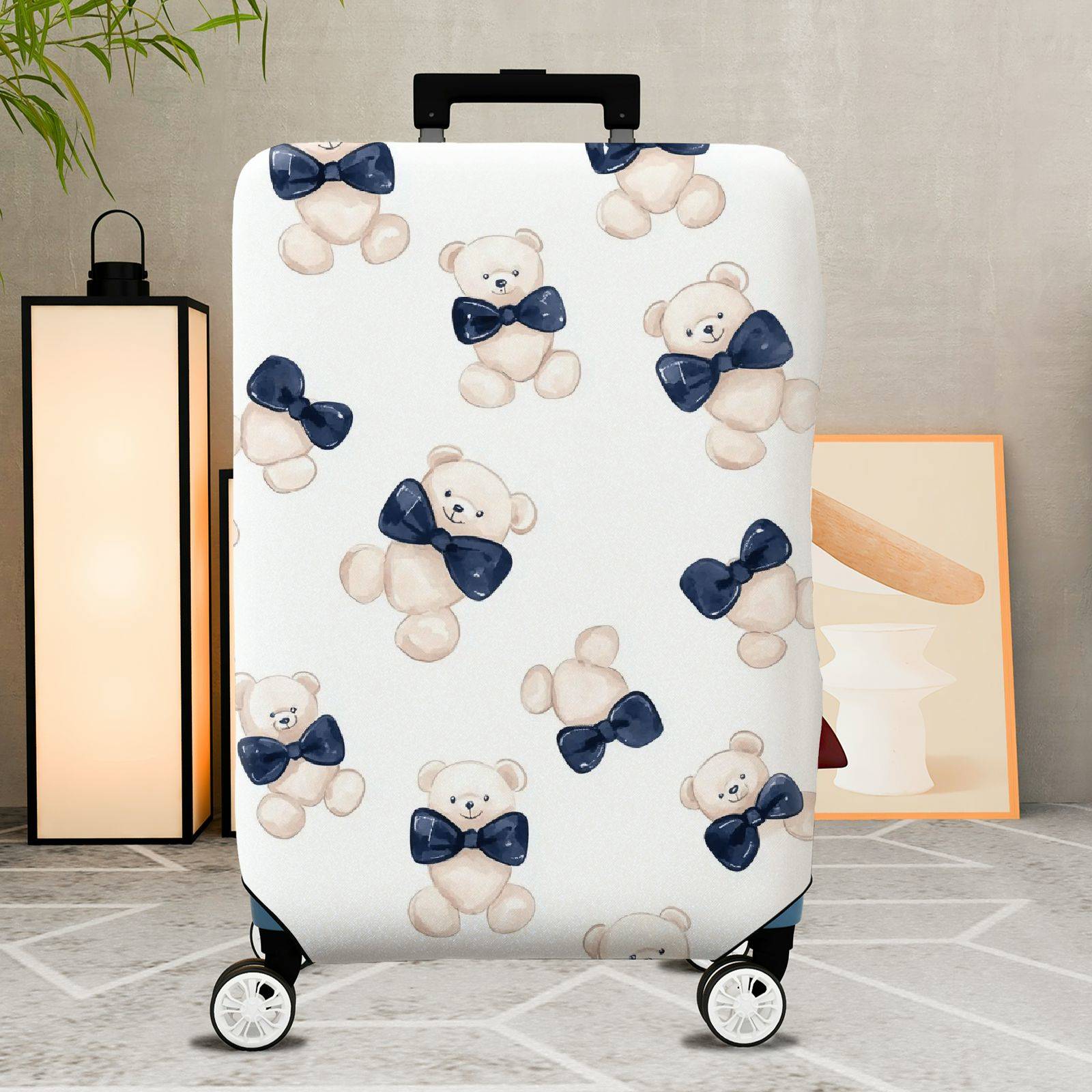 1-Piece Cute Teddy Bear Blue Bow Tie  Fun Playful  Suitcase Luggage Cover, Stretch Protective Sleeve