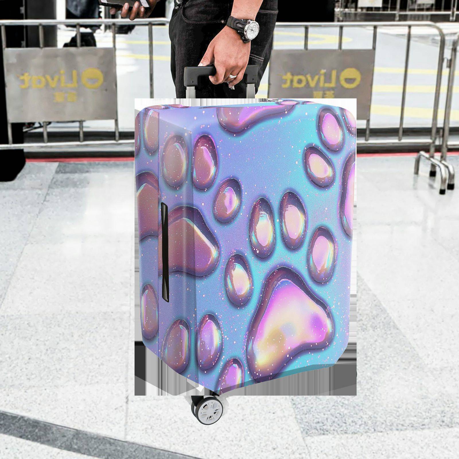 1-Piece Iridescent Galaxy Paw Print Cosmic Holographic  Suitcase Luggage Cover, Stretch Protective Sleeve
