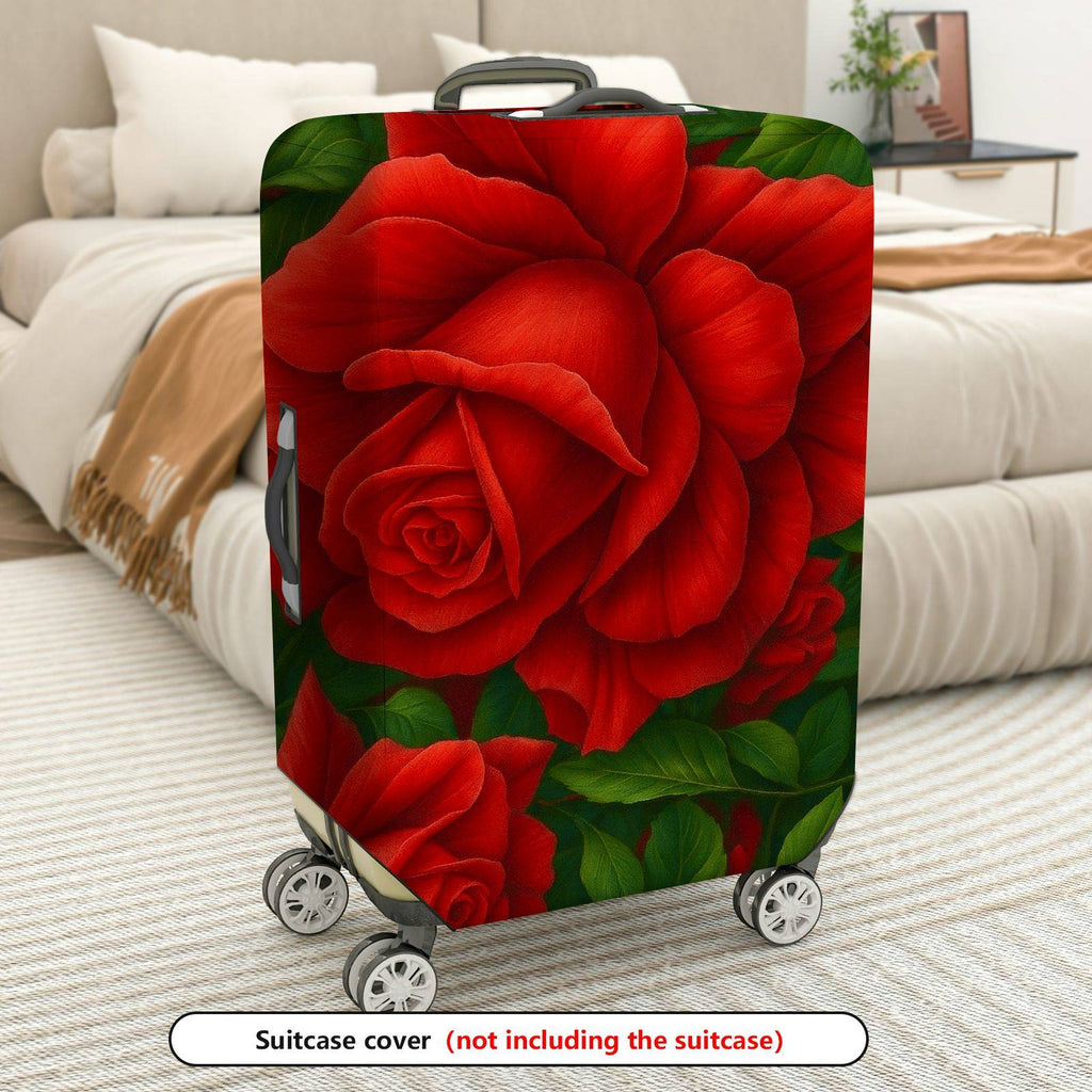1-Piece Red Green Floral Leaves Rose  Suitcase Luggage Cover, Stretch Protective Sleeve