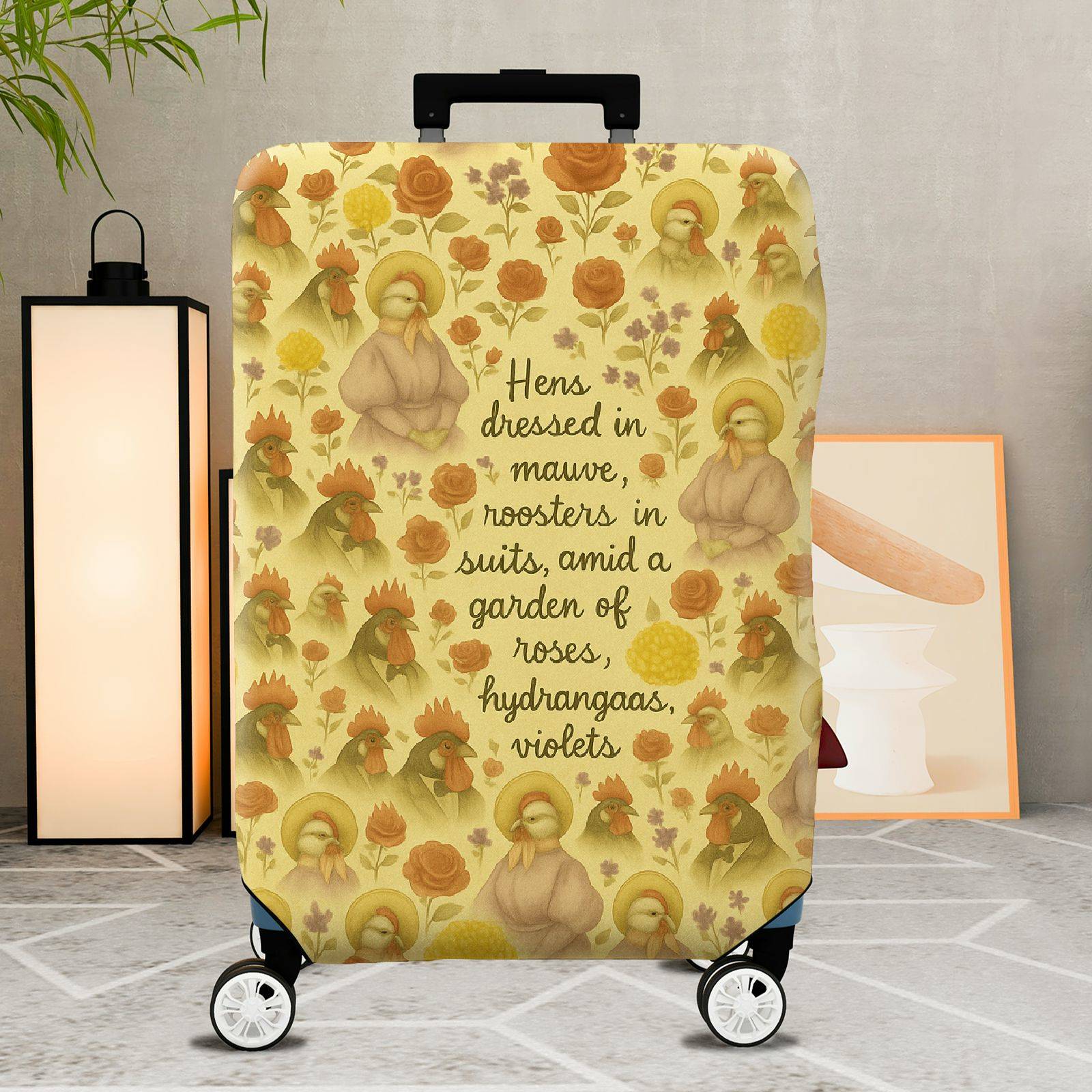 1-Piece Artistic Vintage Floral Hen Rooster Garden  Suitcase Luggage Cover, Stretch Protective Sleeve
