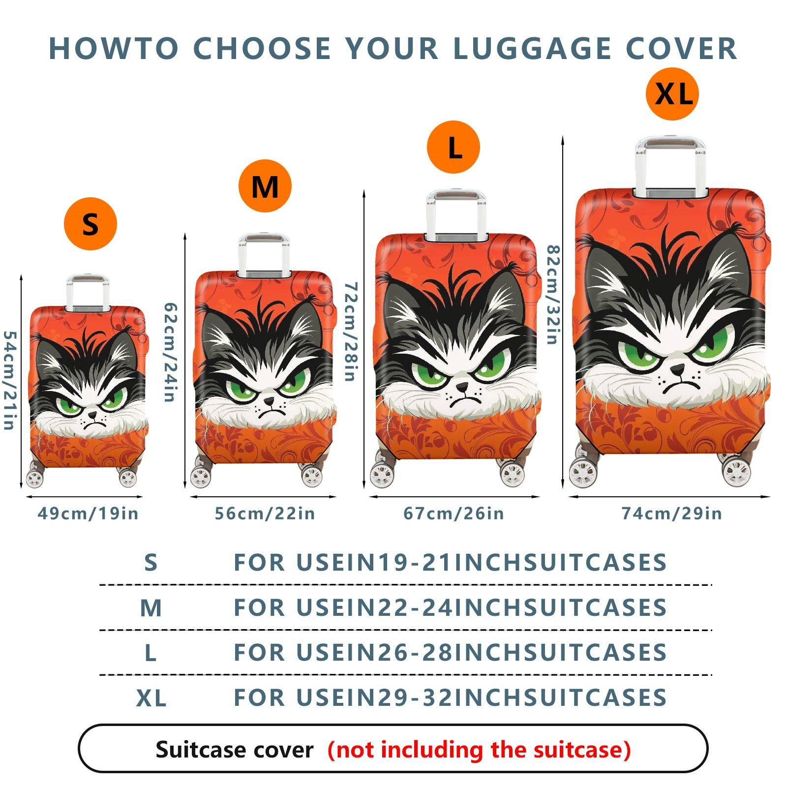 1-Piece Angry Cat  Orange Animal Art Floral  Suitcase Luggage Cover, Stretch Protective Sleeve