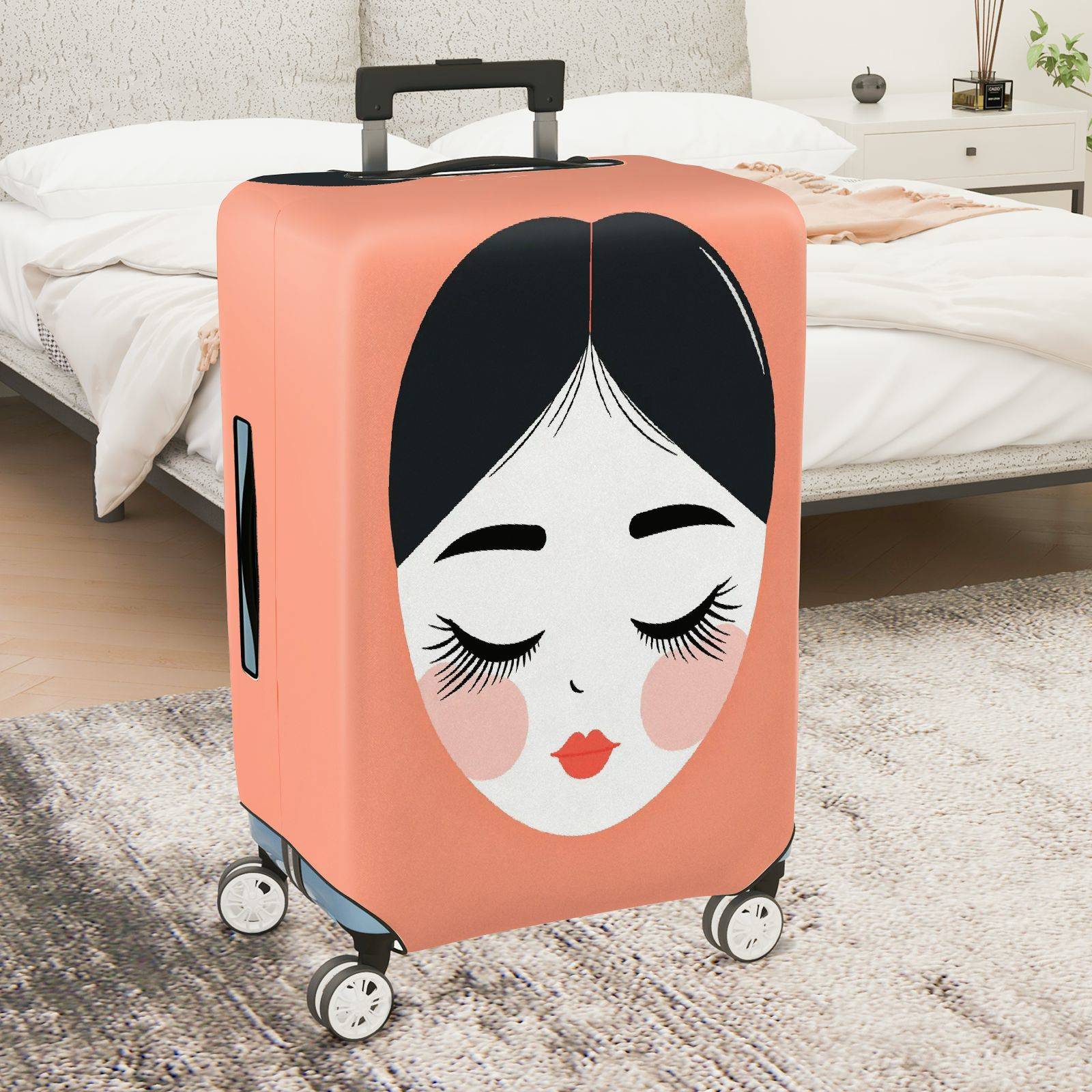 1-Piece Artistic Feminine Face Illustration Coral Black White  Suitcase Luggage Cover, Stretch Protective Sleeve