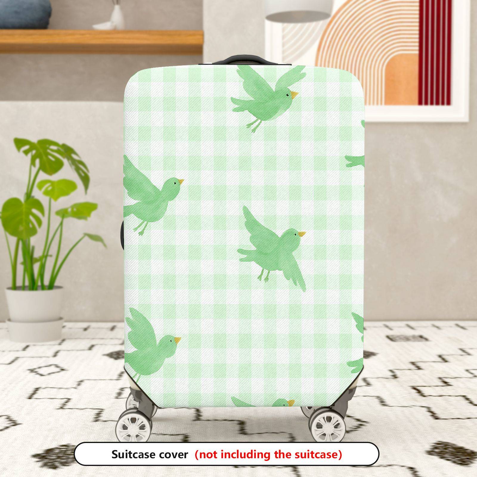 1-Piece Green Bird Check Pattern Plaid Travel Holiday  Suitcase Luggage Cover, Stretch Protective Sleeve