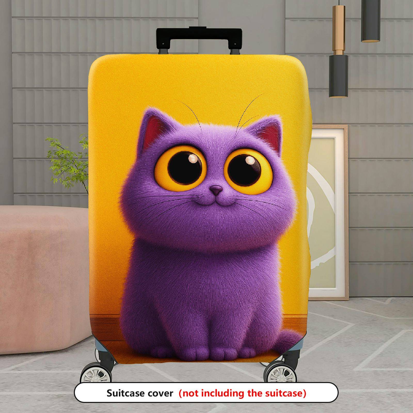 1-Piece Cute Furry Purple Cat Yellow  Suitcase Luggage Cover, Stretch Protective Sleeve