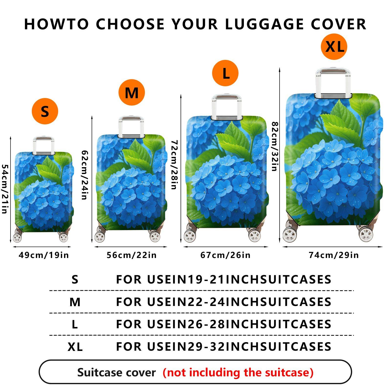 1-Piece Blue Floral Green Leaf Nature Hydrangea Elegant  Suitcase Luggage Cover, Stretch Protective Sleeve