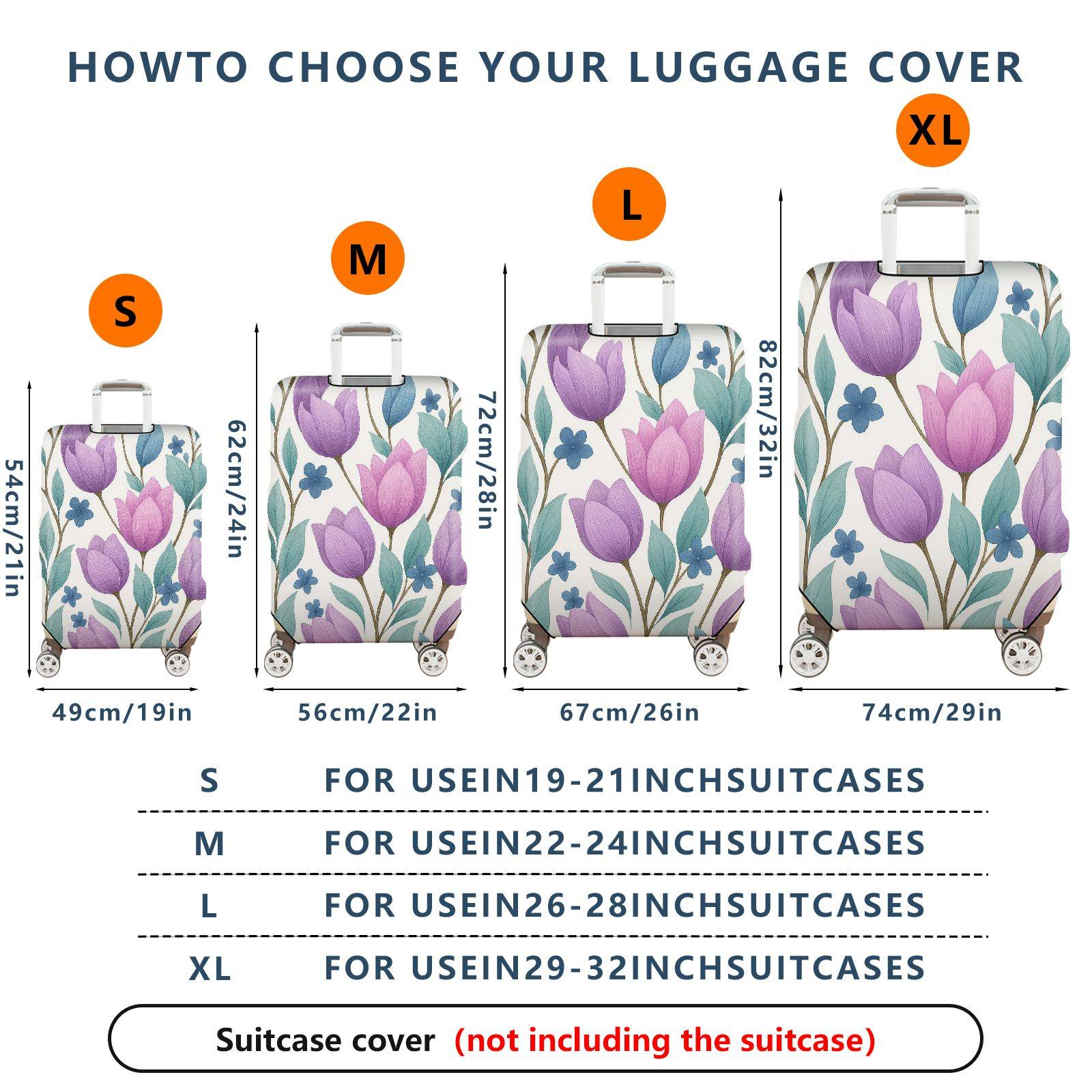 1-Piece Purple Floral Pattern Tulip Leaf Blue Blossom  Suitcase Luggage Cover, Stretch Protective Sleeve