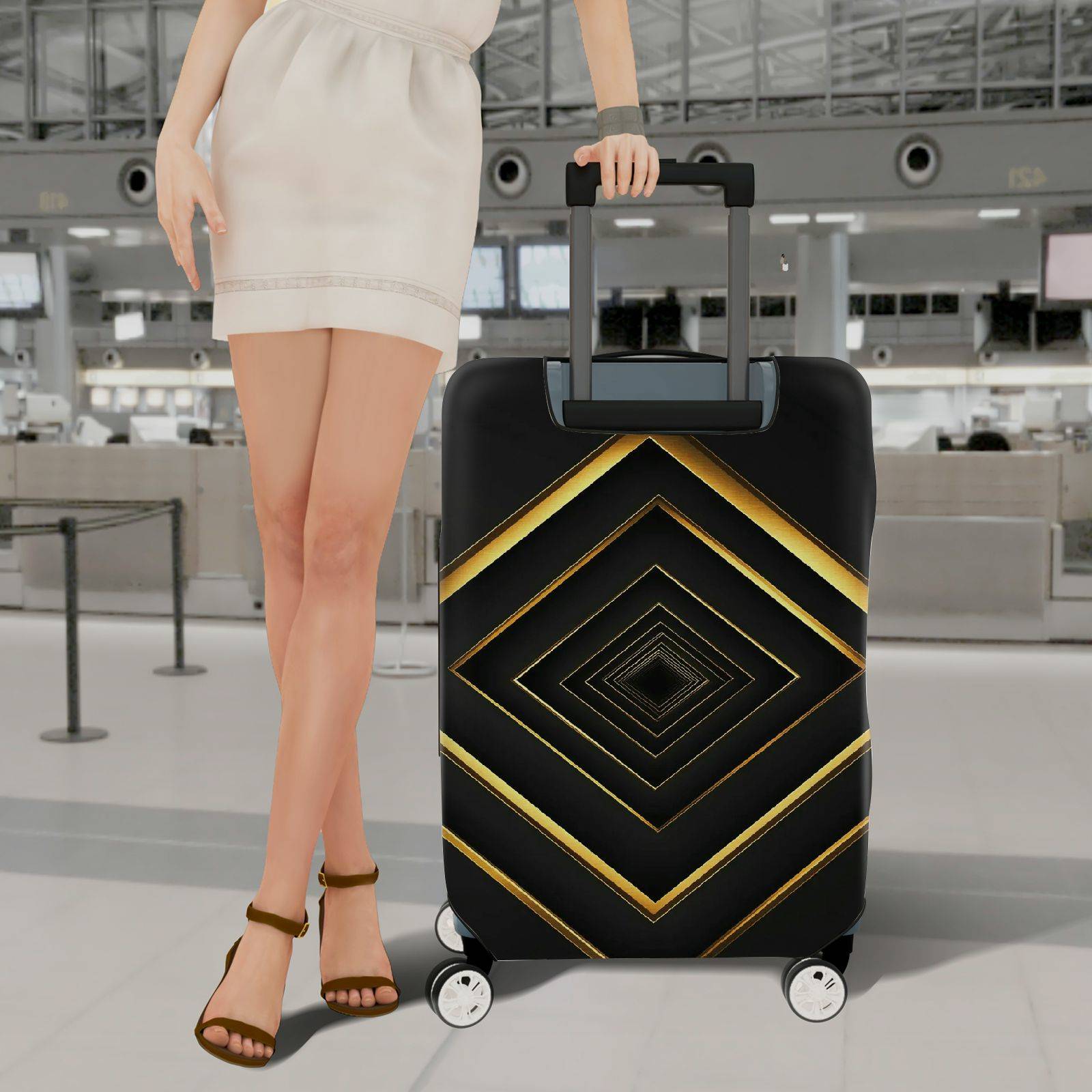 1-Piece Black Gold Geometric Diamond Elegant Stylish Modern  Suitcase Luggage Cover, Stretch Protective Sleeve