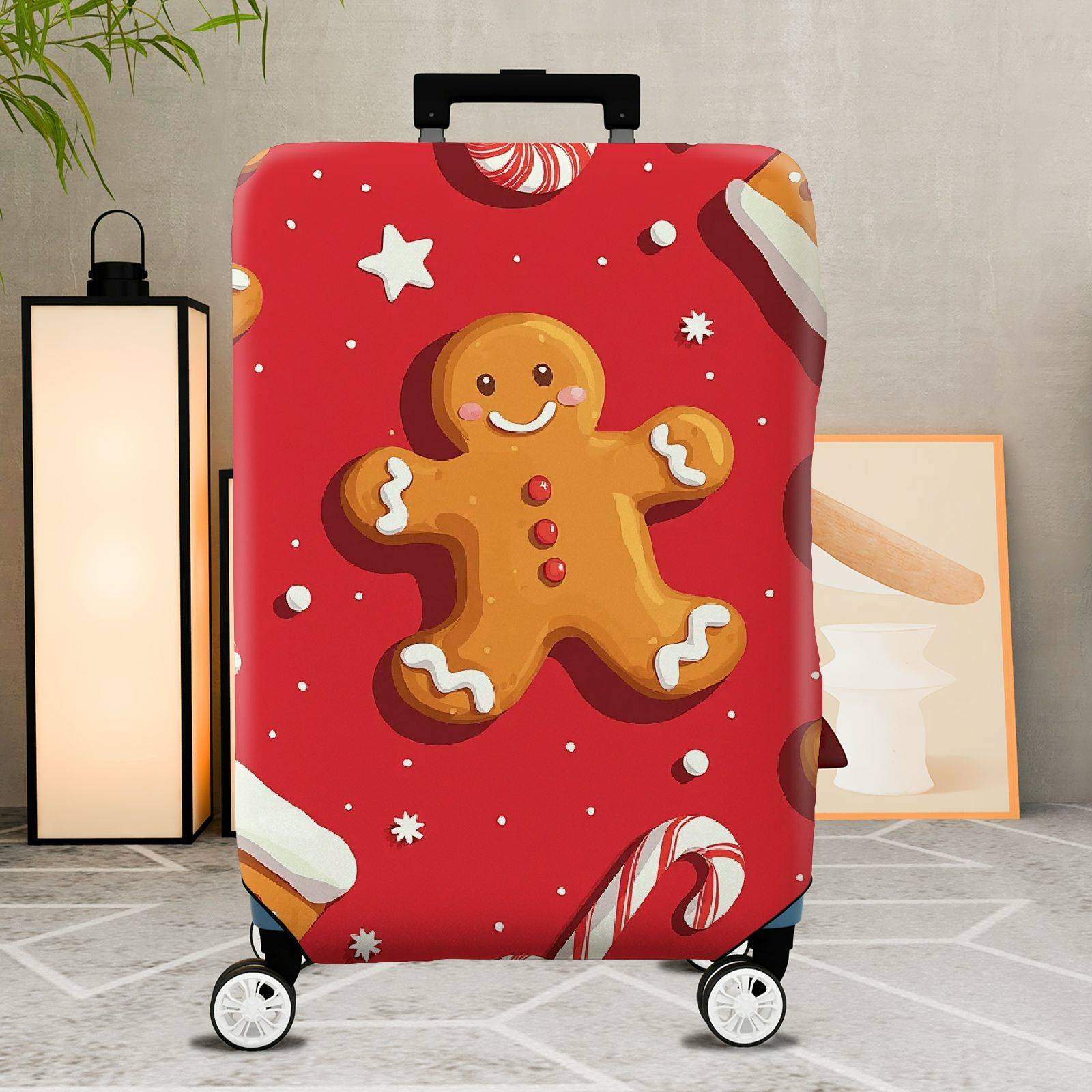 1-Piece Gingerbread Candy Cane Christmas Holiday Festive  Suitcase Luggage Cover, Stretch Protective Sleeve