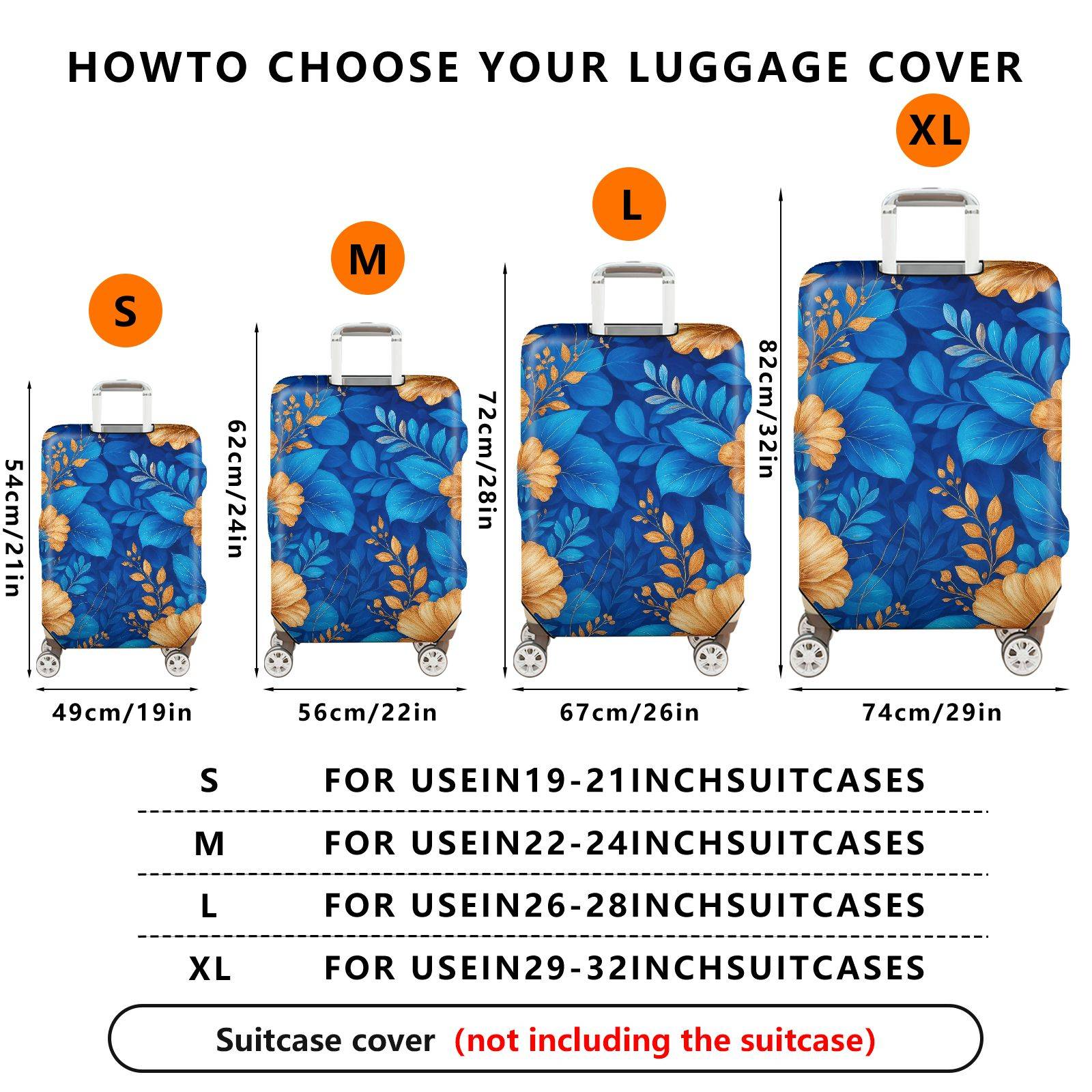 1-Piece Blue Floral Leaf Pattern Vibrant Colorful Botanical Nature  Suitcase Luggage Cover, Stretch Protective Sleeve