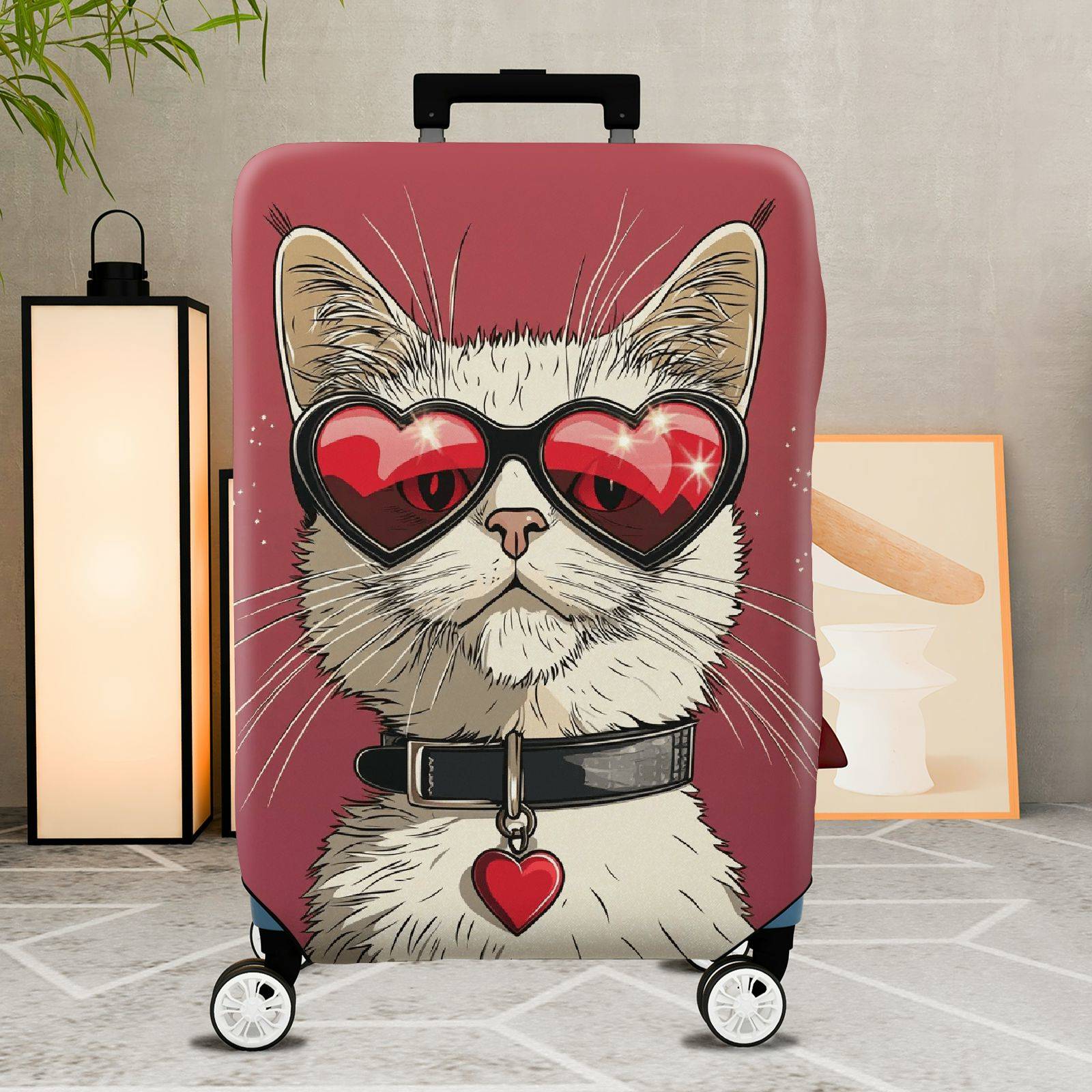 1-Piece Cat Sunglasses Heart Pink Cute  Suitcase Luggage Cover, Stretch Protective Sleeve