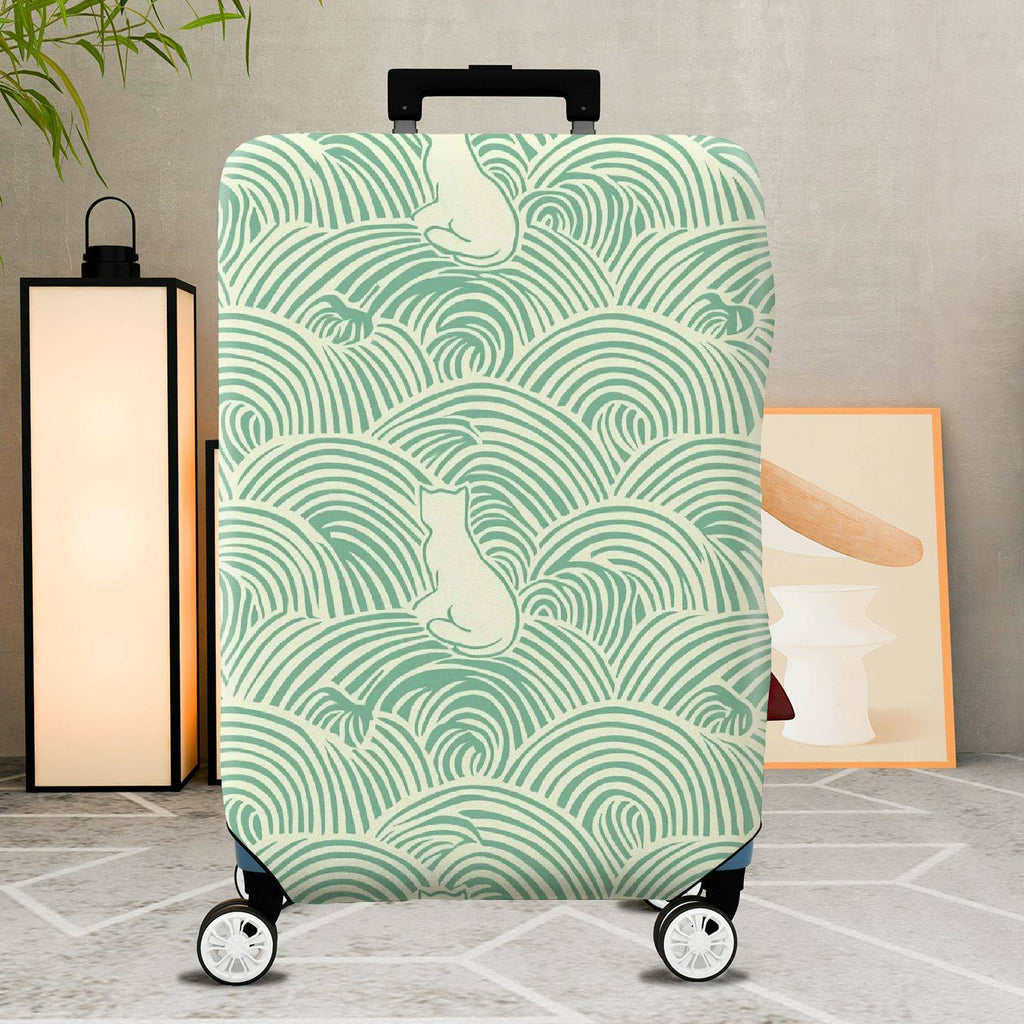 1-Piece Wave Cat Pattern Green Minimalist Artistic Cute Elegant  Suitcase Luggage Cover, Stretch Protective Sleeve