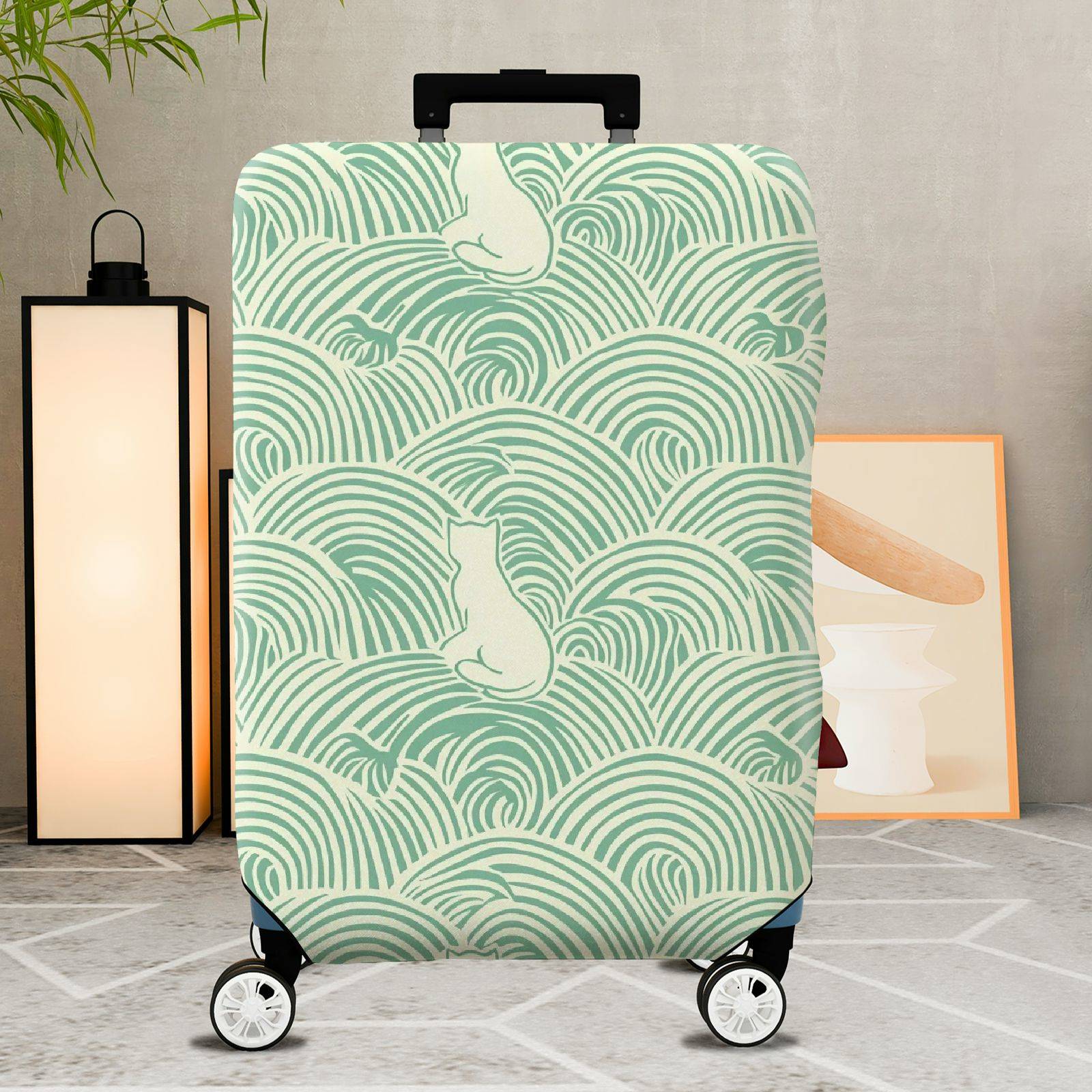 1-Piece Wave Cat Pattern Green Minimalist Artistic Cute Elegant  Suitcase Luggage Cover, Stretch Protective Sleeve