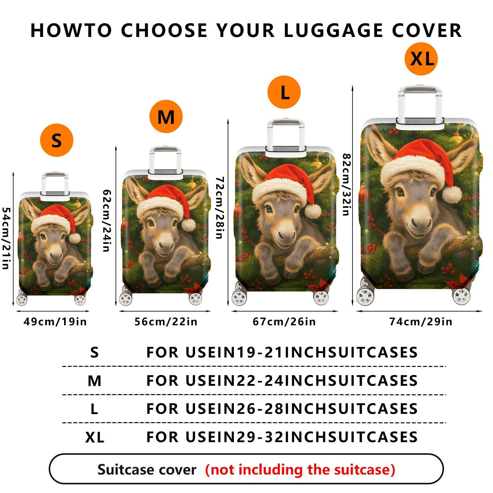 1-Piece Christmas Donkey Santa Ornament Festive Holiday  Suitcase Luggage Cover, Stretch Protective Sleeve