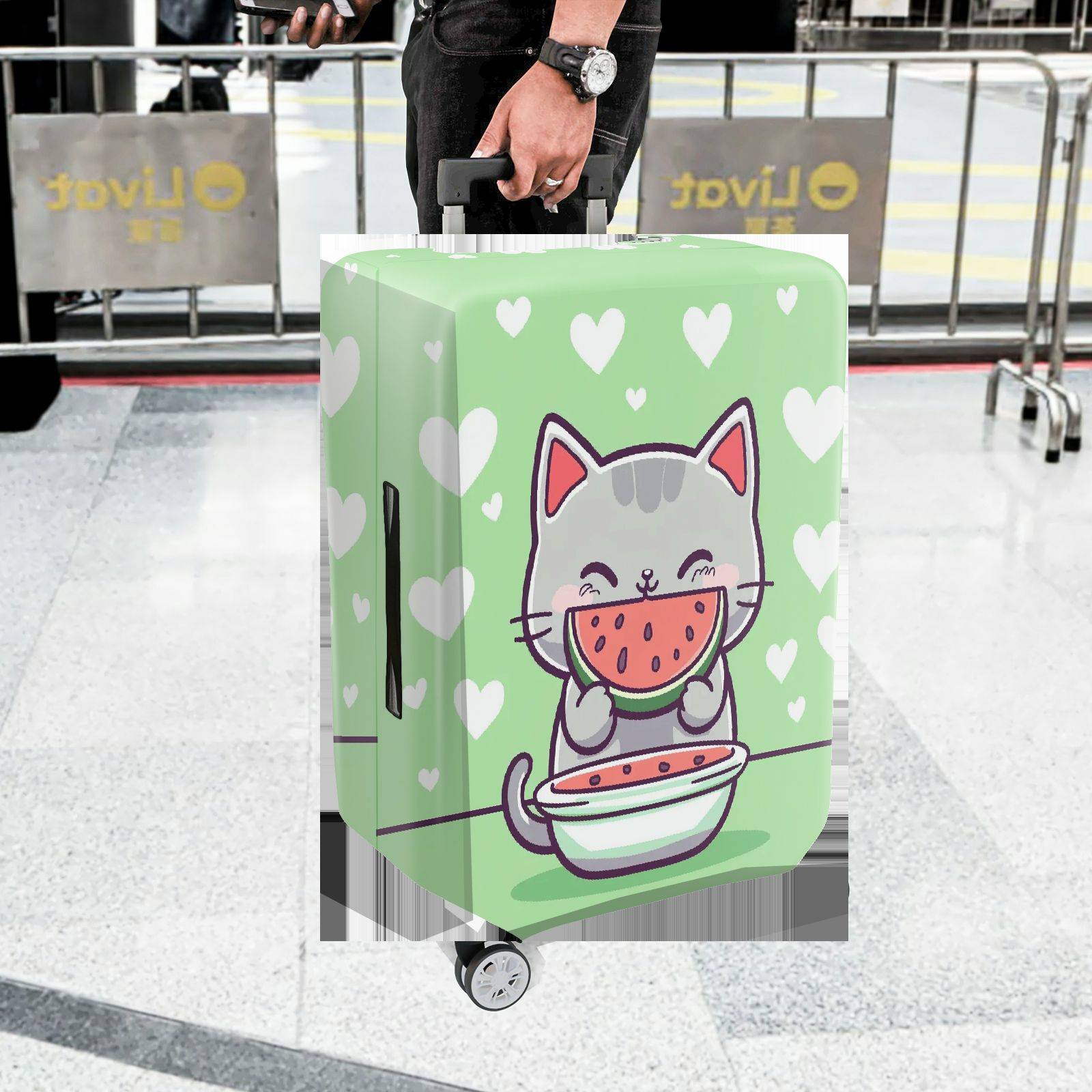 1-Piece Cute Cat Watermelon Heart Green Fun  Suitcase Luggage Cover, Stretch Protective Sleeve