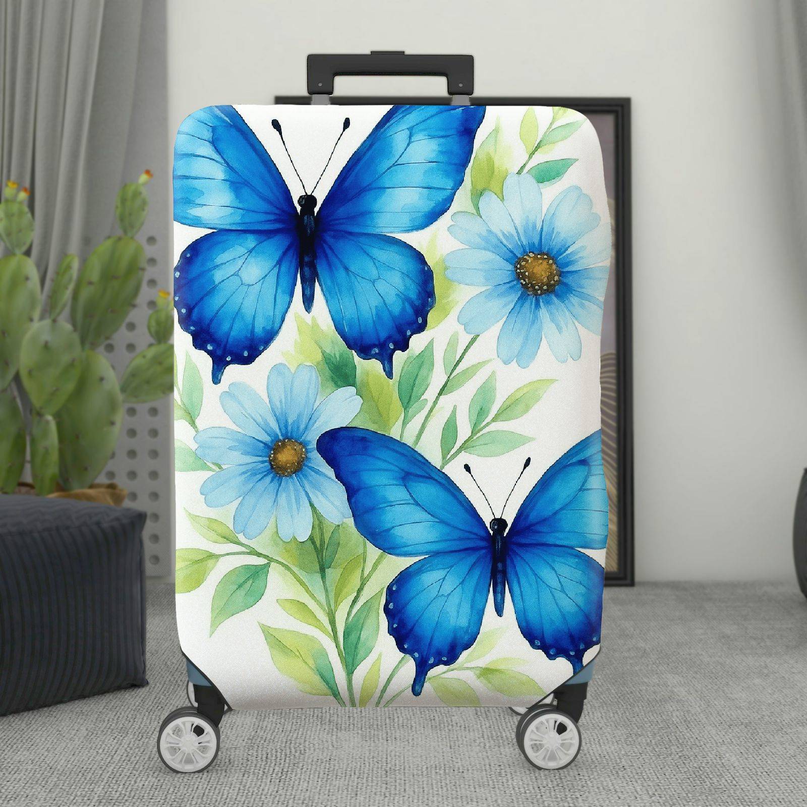 1-Piece Butterfly Floral Blue Leaves Daisy  Suitcase Luggage Cover, Stretch Protective Sleeve