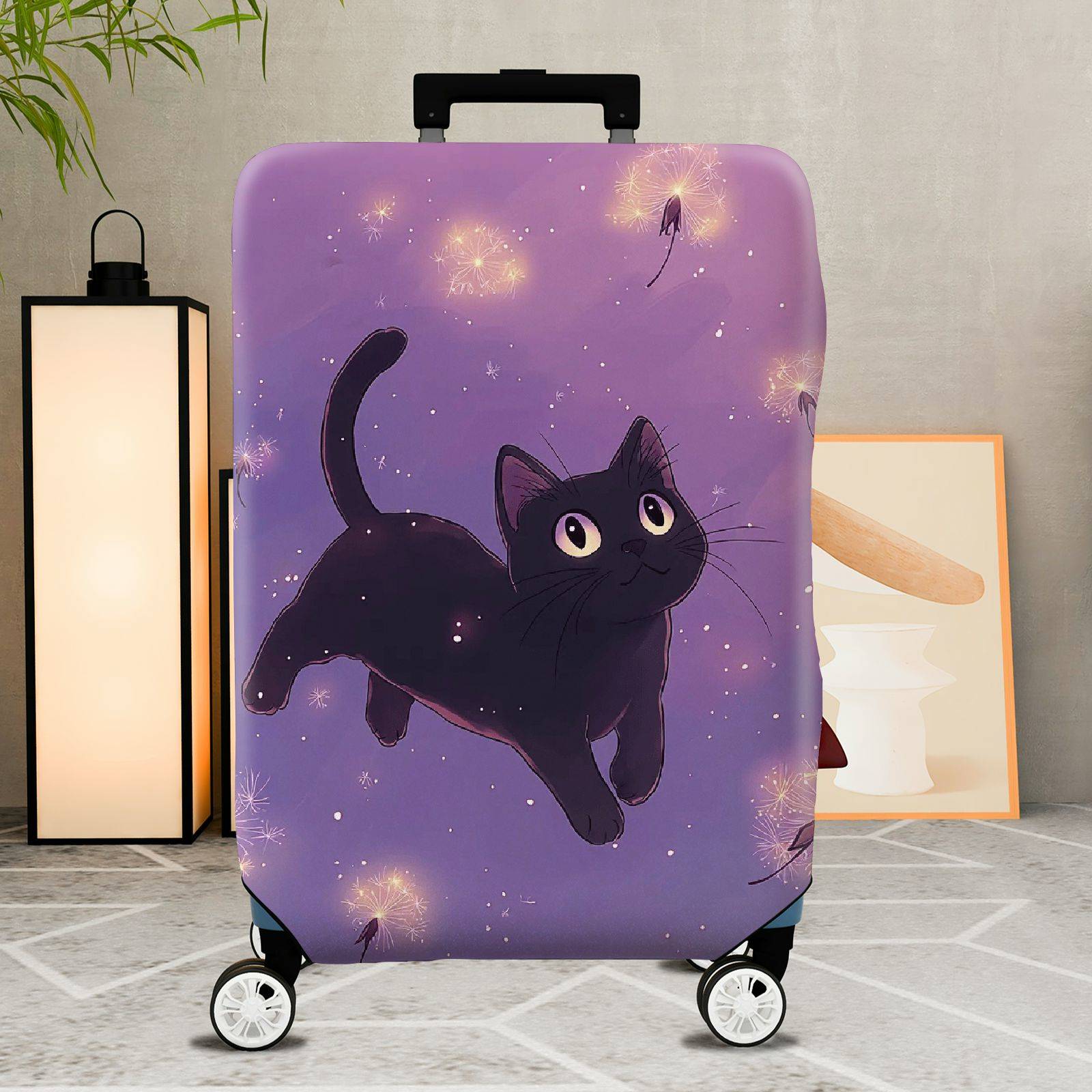 1-Piece Black Cat Dandelion Purple Cute Stylish Fun  Suitcase Luggage Cover, Stretch Protective Sleeve