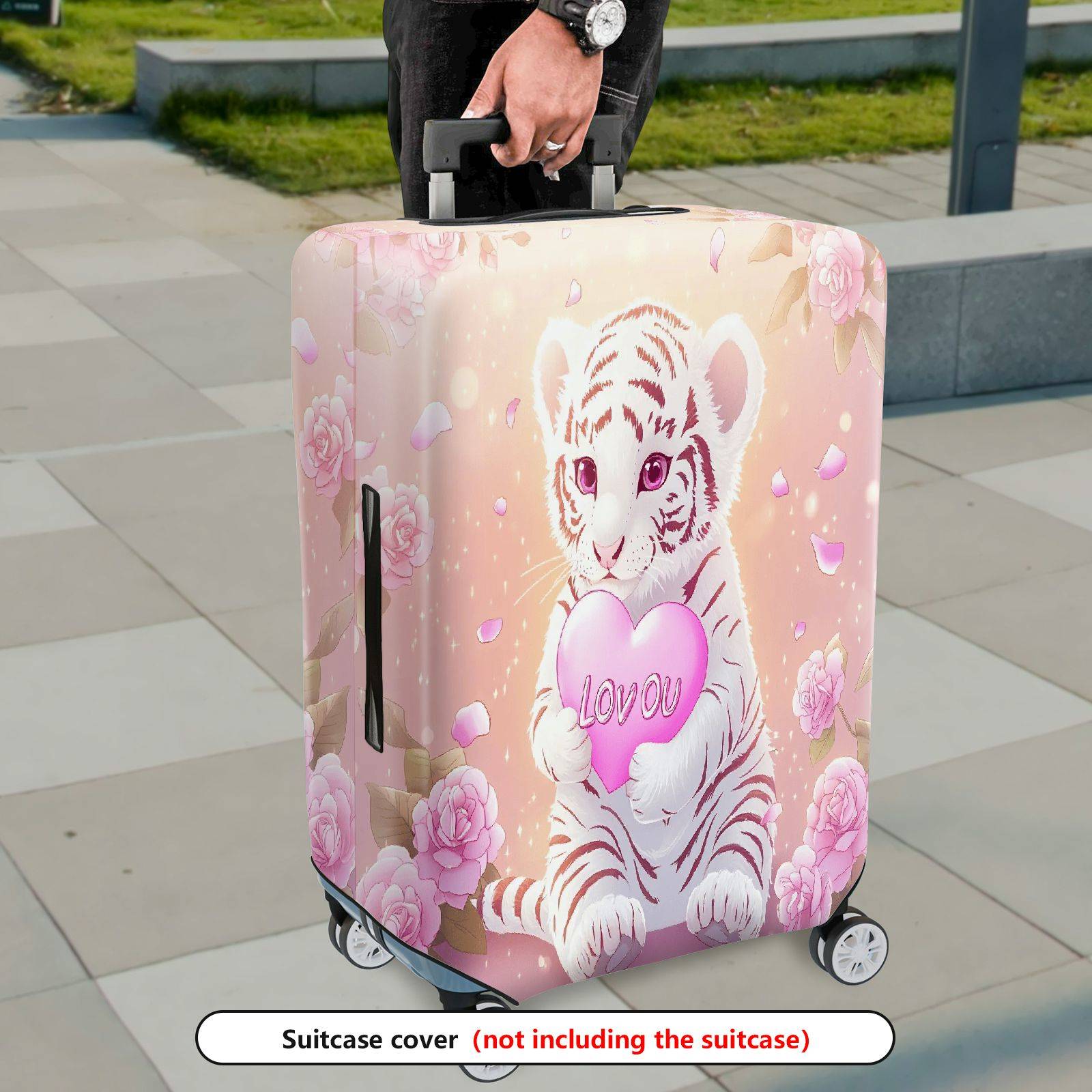 1-Piece Pink Tiger Floral Heart Romantic Love  Suitcase Luggage Cover, Stretch Protective Sleeve