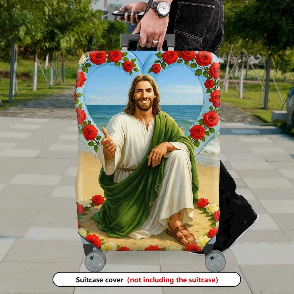 1-Piece Beach Religious Rose Heart Floral Biblical  Suitcase Luggage Cover, Stretch Protective Sleeve