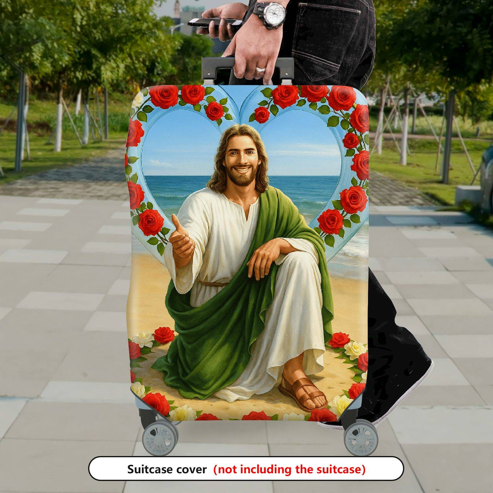 1-Piece Beach Religious Rose Heart Floral Biblical  Suitcase Luggage Cover, Stretch Protective Sleeve