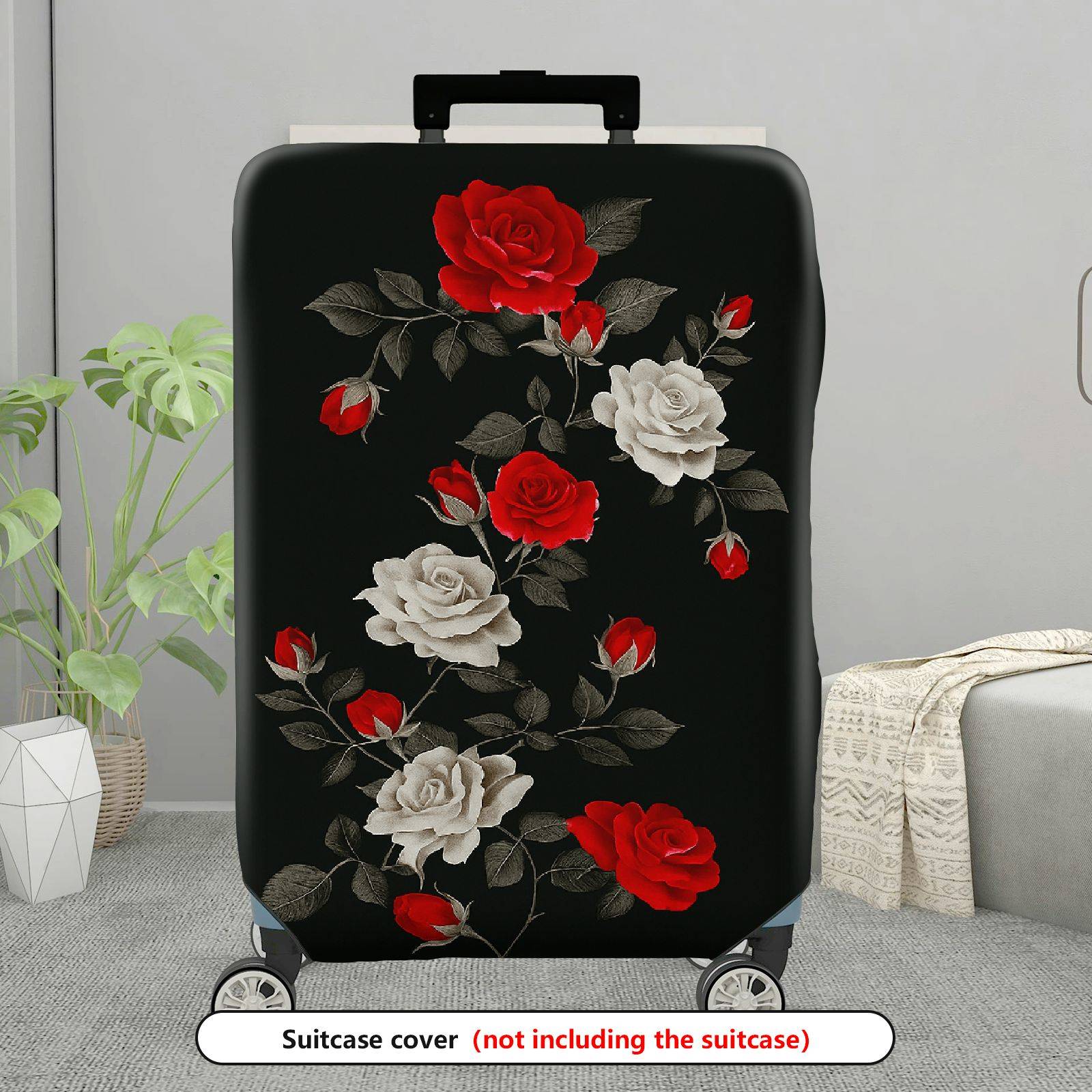 1-Piece Red White Black Floral Rose Pattern  Suitcase Luggage Cover, Stretch Protective Sleeve