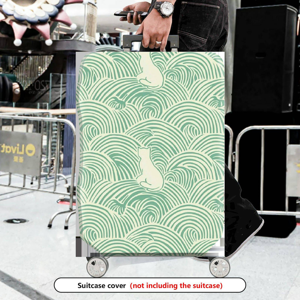 1-Piece Wave Cat Pattern Green Minimalist Artistic Cute Elegant  Suitcase Luggage Cover, Stretch Protective Sleeve