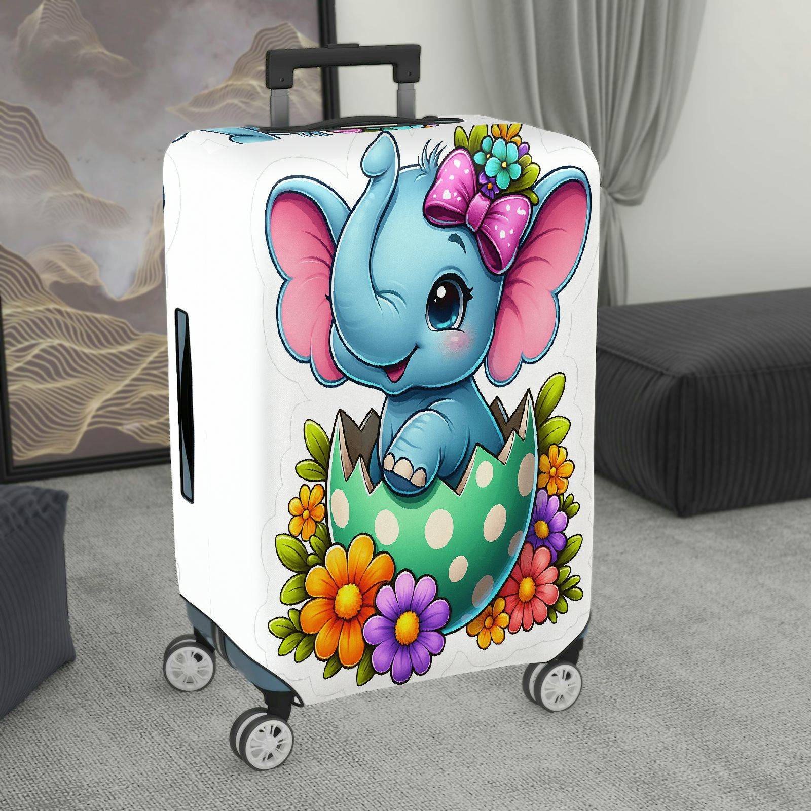 1-Piece Cute Elephant Floral Egg Bow  Suitcase Luggage Cover, Stretch Protective Sleeve