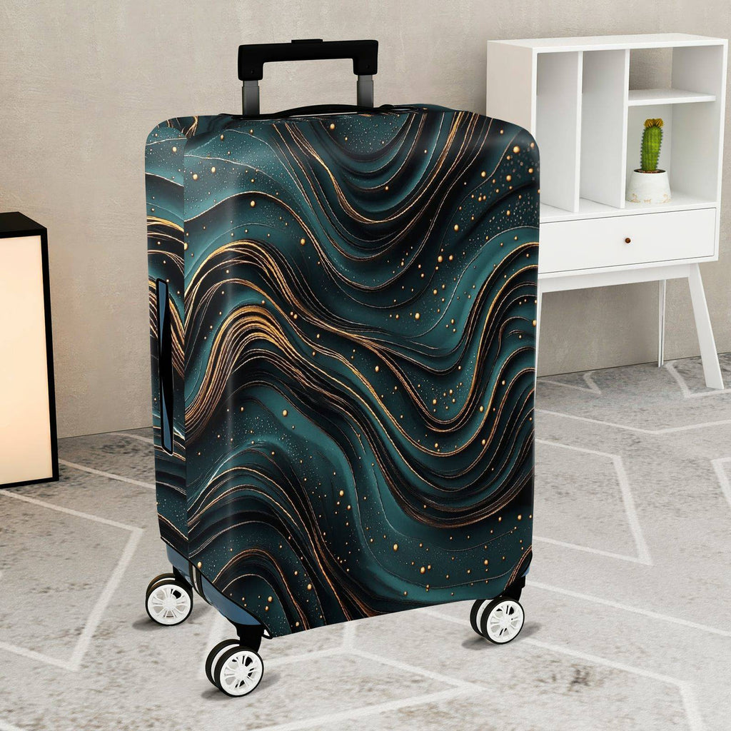 1-Piece Abstract Waves Pattern Teal Gold Artistic Modern  Suitcase Luggage Cover, Stretch Protective Sleeve