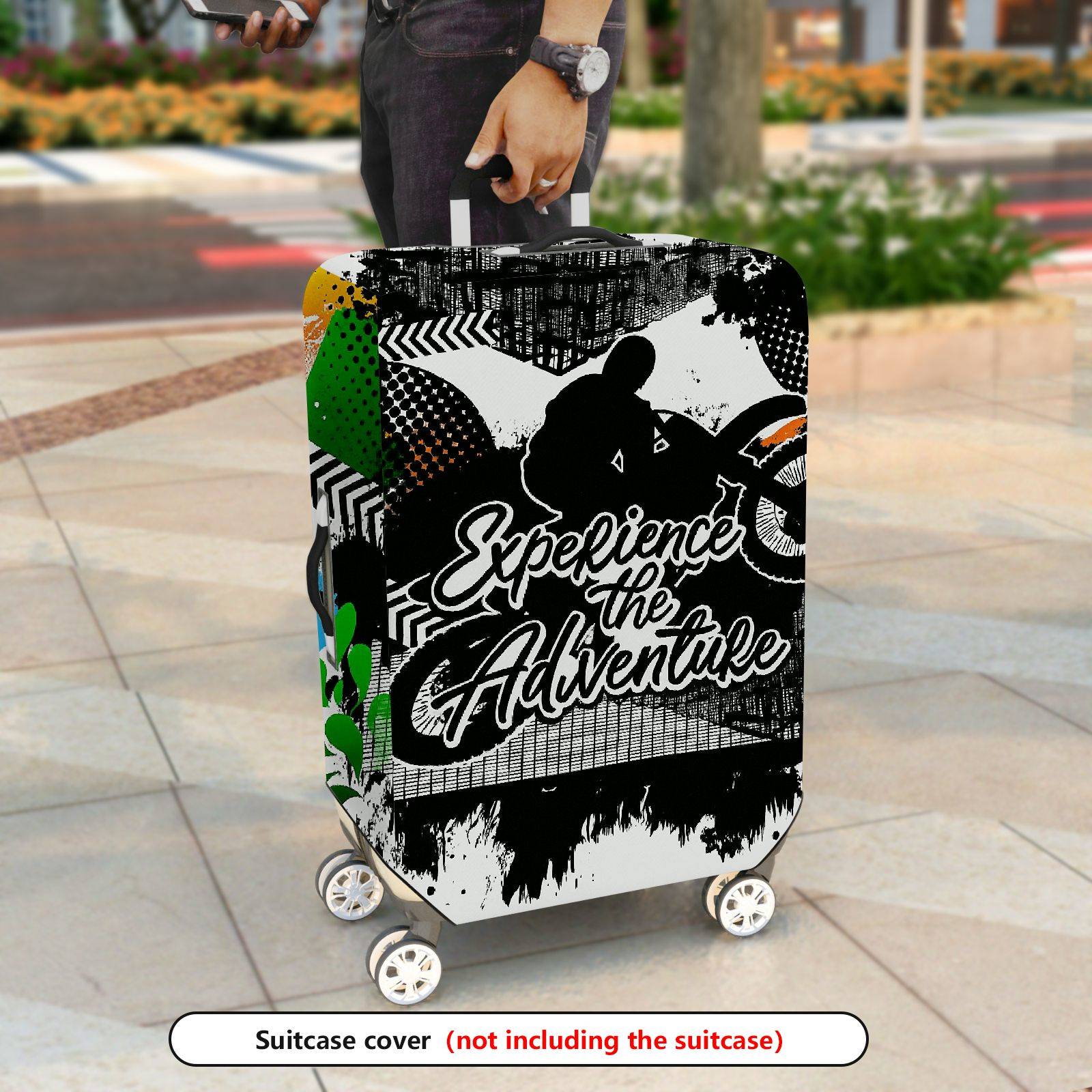1-Piece Adventure Motorcycle Silhouette Artistic Expression Graffiti Text  Suitcase Luggage Cover, Stretch Protective Sleeve