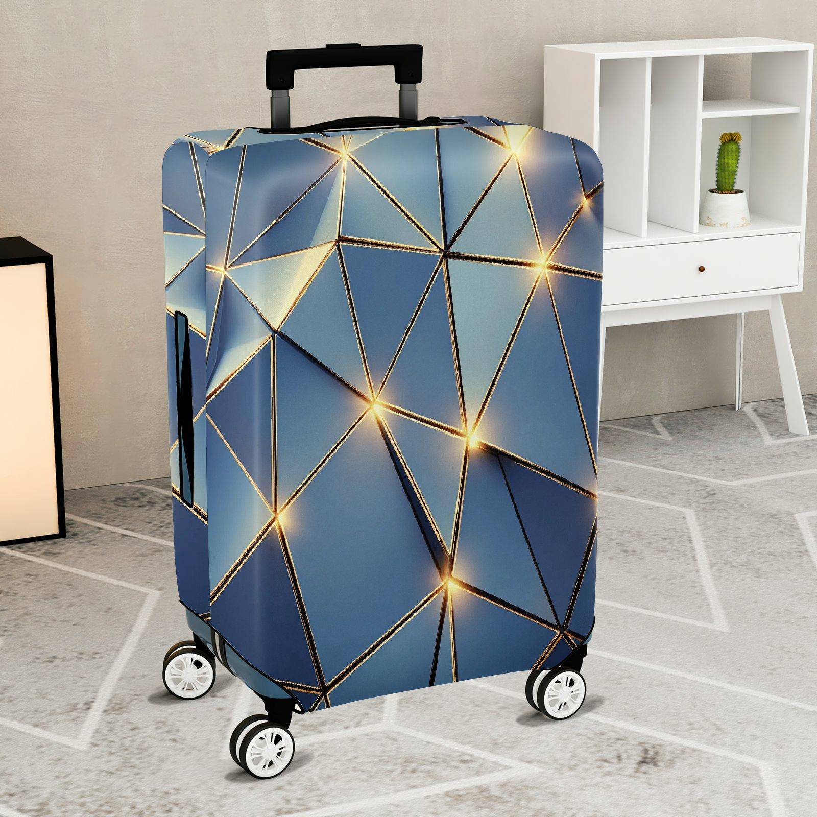 1-Piece Geometric Blue Gold Abstract Modern Stylish Artistic  Suitcase Luggage Cover, Stretch Protective Sleeve