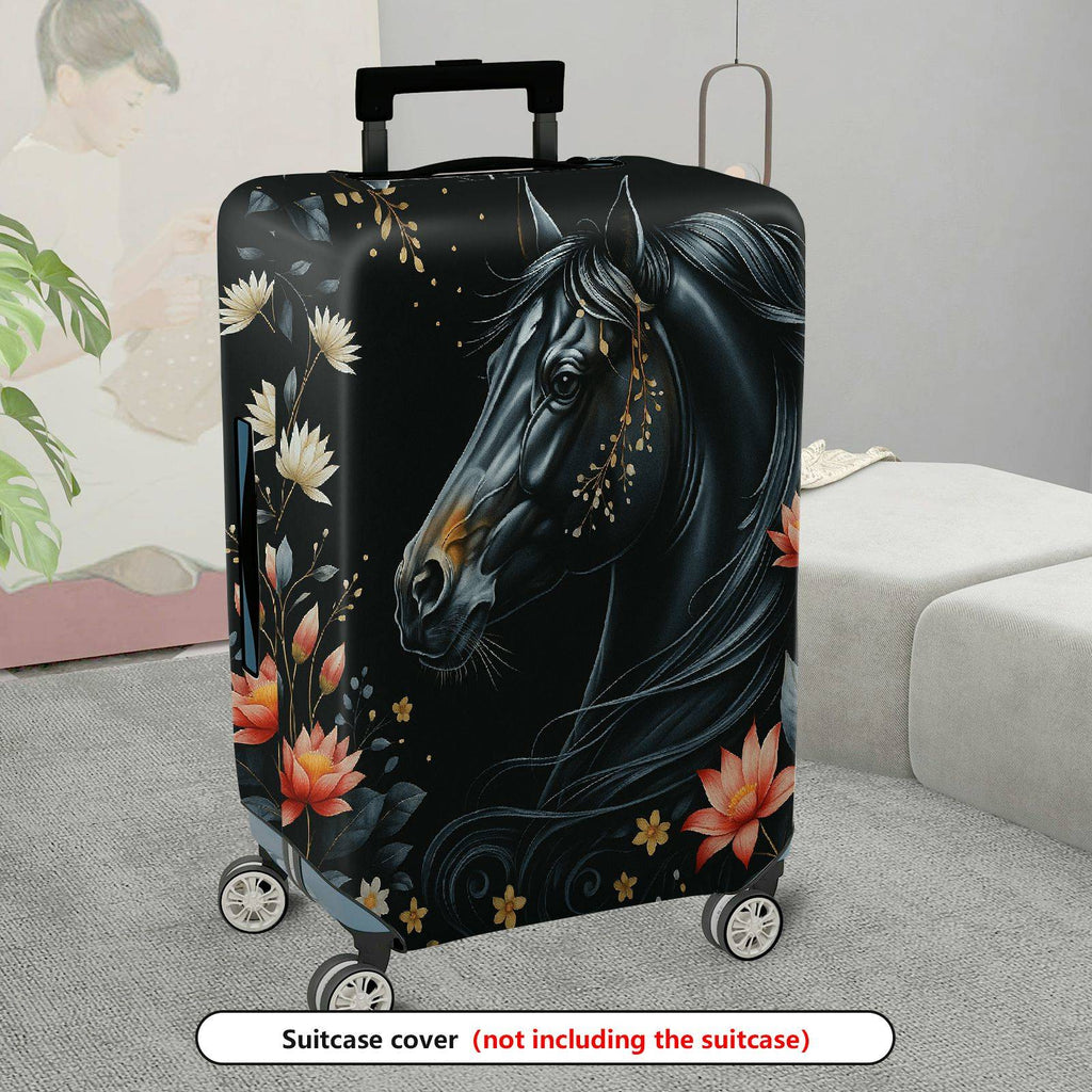 1-Piece Black Horse Floral Art  Suitcase Luggage Cover, Stretch Protective Sleeve