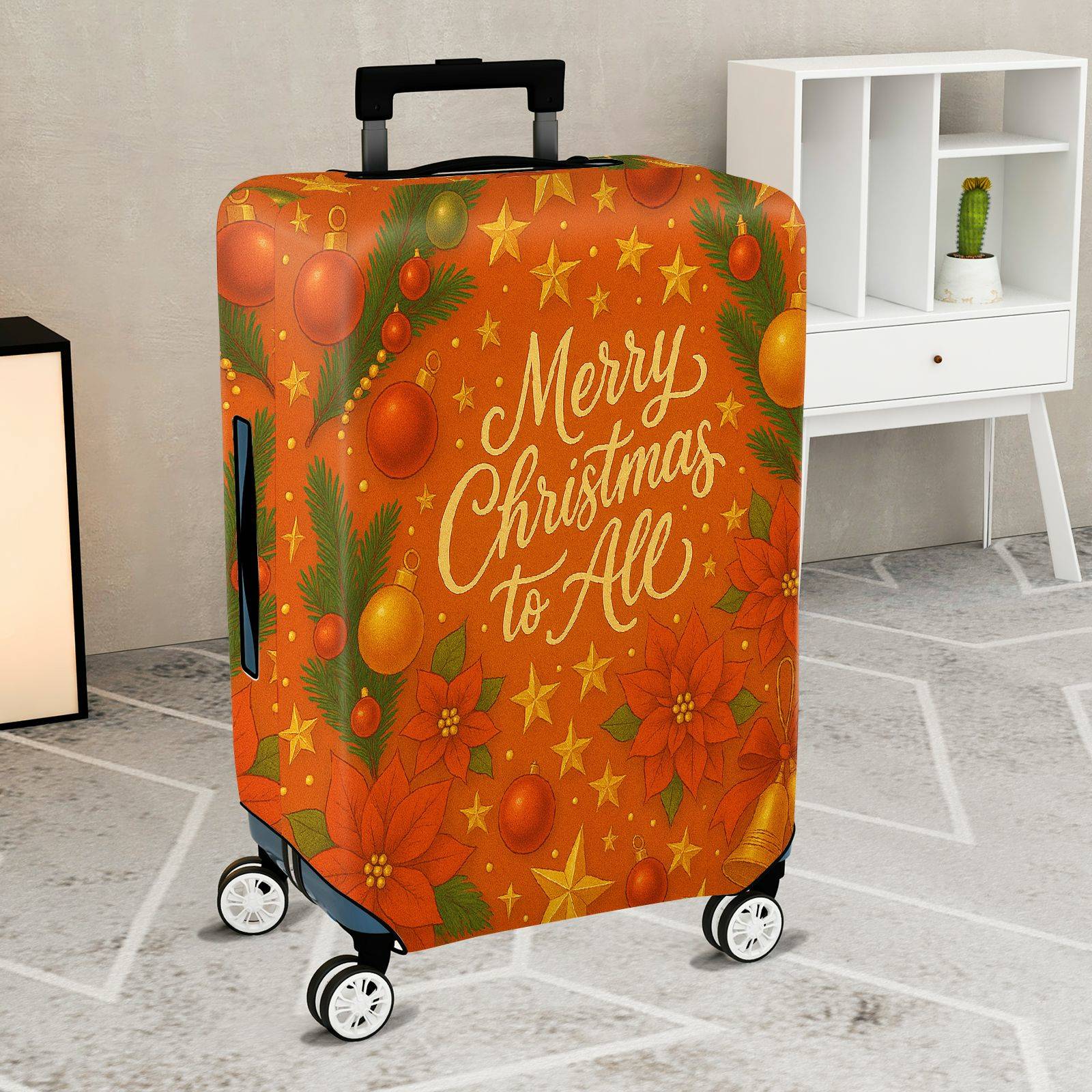 1-Piece Merry Christmas Poinsettia Orange Holiday Winter  Suitcase Luggage Cover, Stretch Protective Sleeve