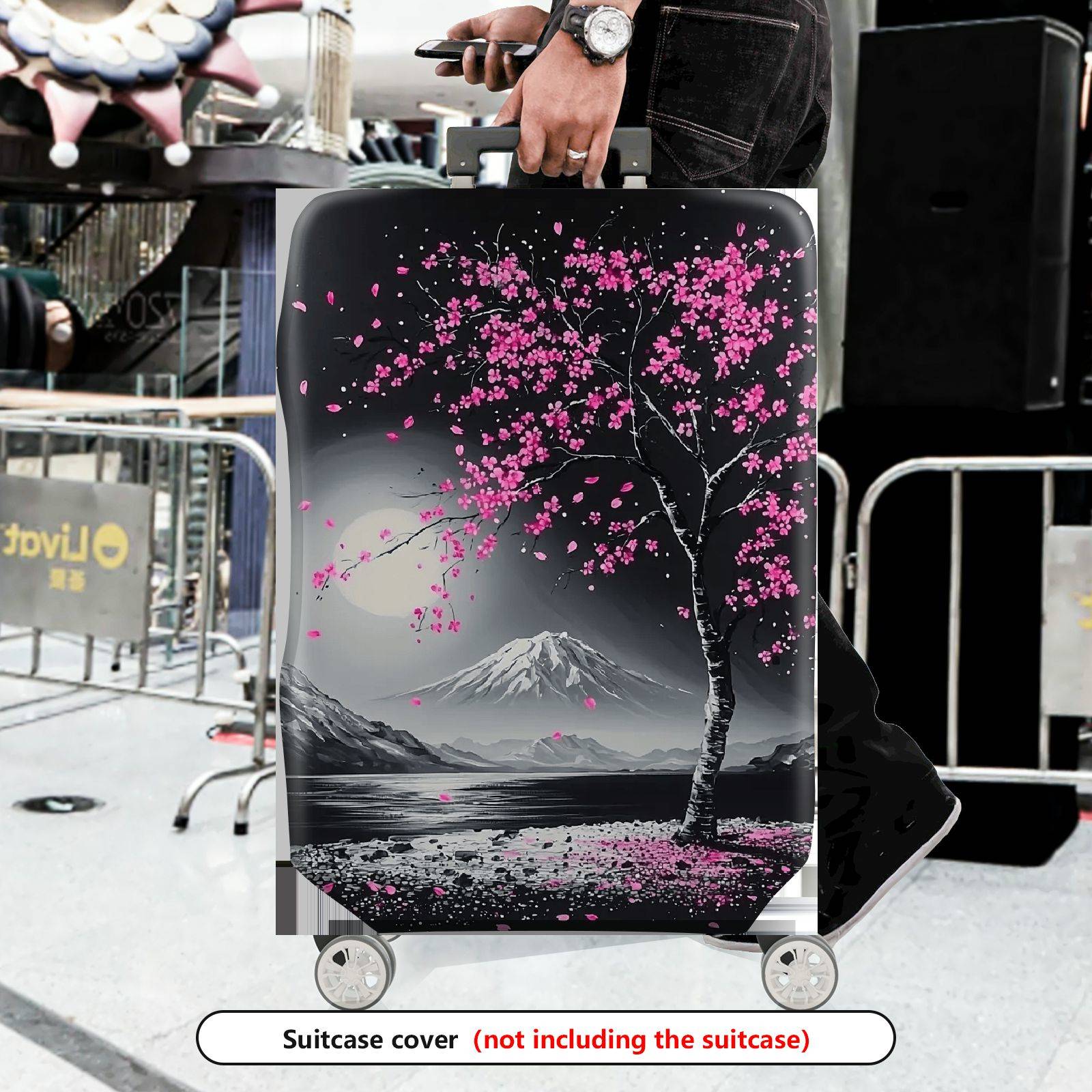1-Piece Cherry Blossom Mountain Moon Scenic Artistic Nature Landscape  Suitcase Luggage Cover, Stretch Protective Sleeve