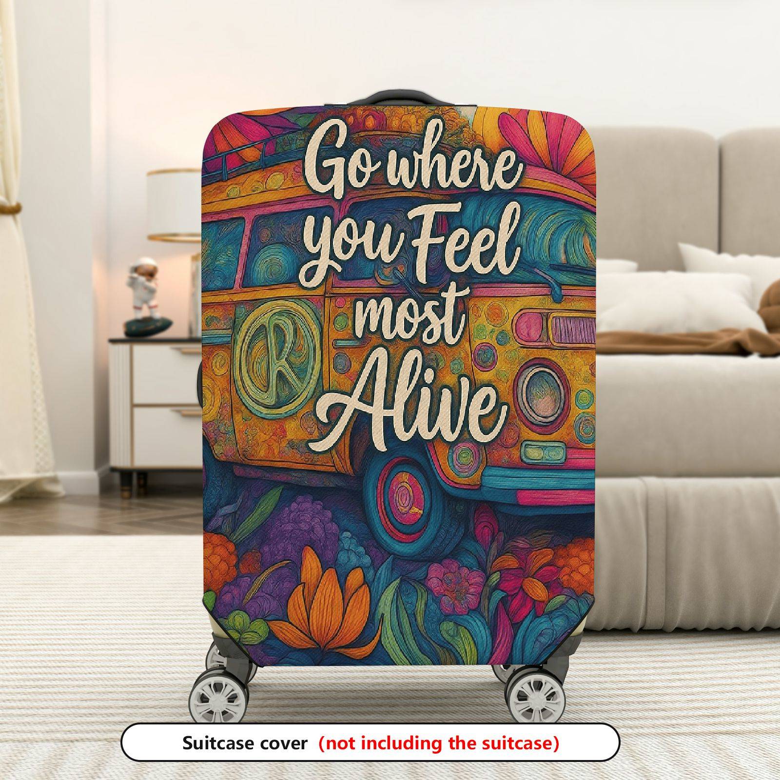 1-Piece Adventure Quote Floral Retro Van Colorful Artistic  Suitcase Luggage Cover, Stretch Protective Sleeve