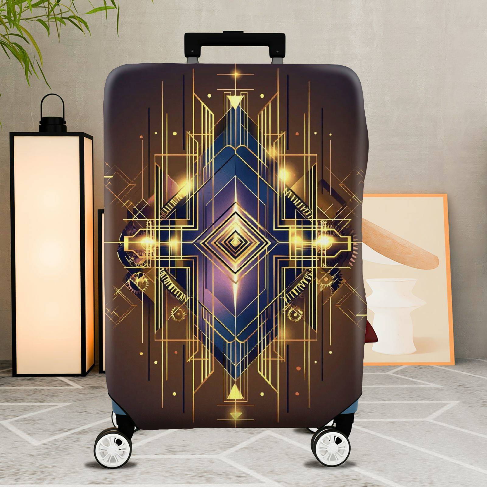 1-Piece Geometric Abstract Gold Line Art Deco Stylish Dark  Suitcase Luggage Cover, Stretch Protective Sleeve