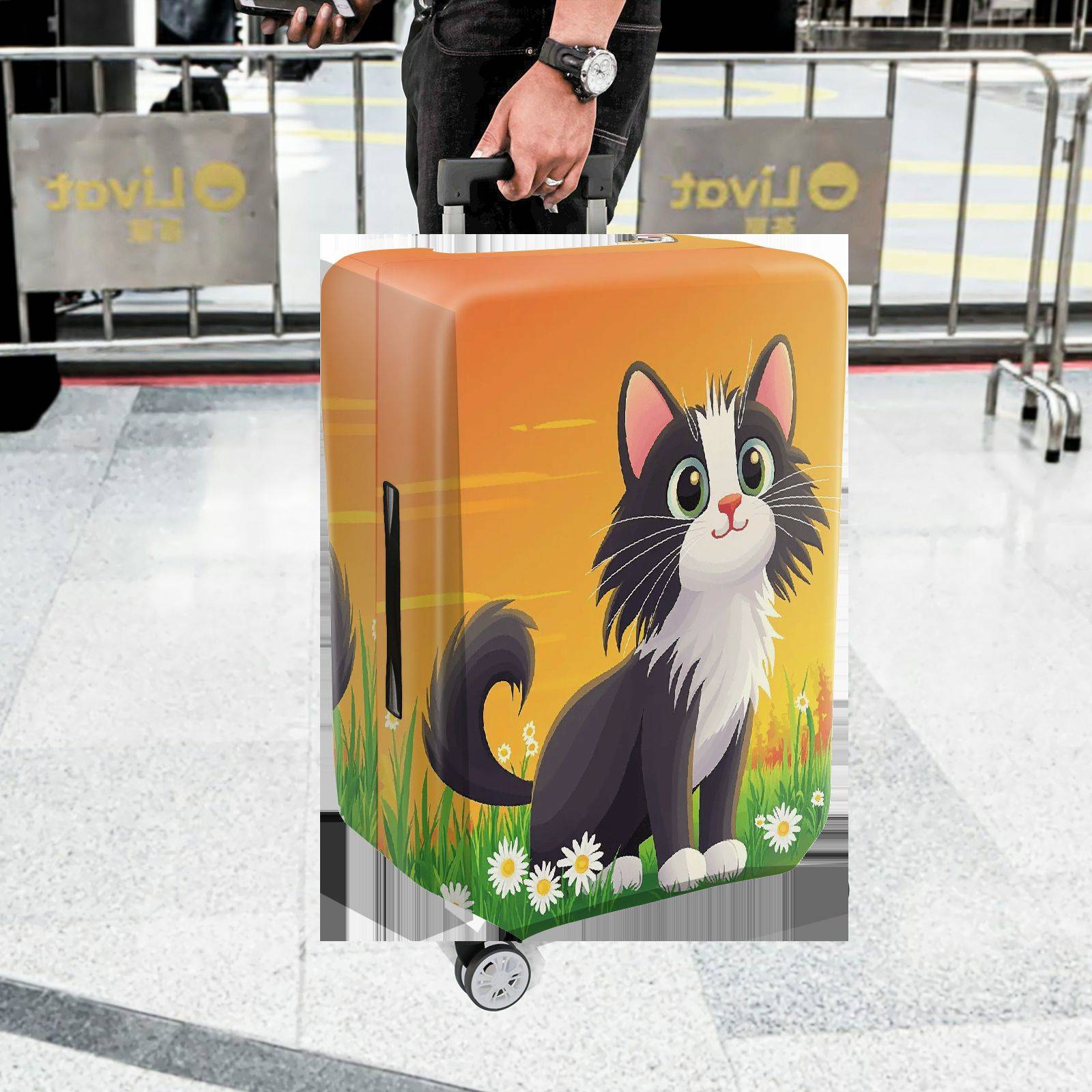 1-Piece Cute Cat Daisy Floral Orange Artistic Graphic  Suitcase Luggage Cover, Stretch Protective Sleeve