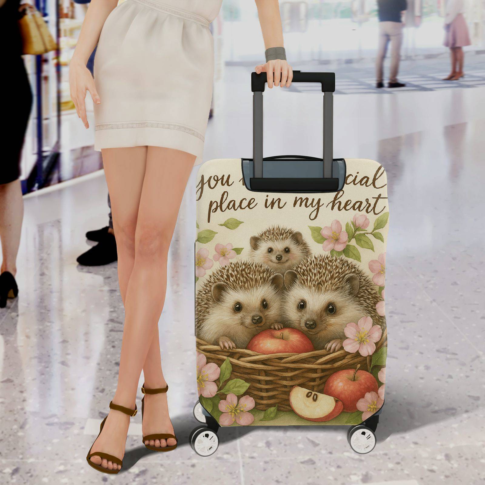 1-Piece Cute Hedgehog Apple Flower Basket Heartwarming  Suitcase Luggage Cover, Stretch Protective Sleeve