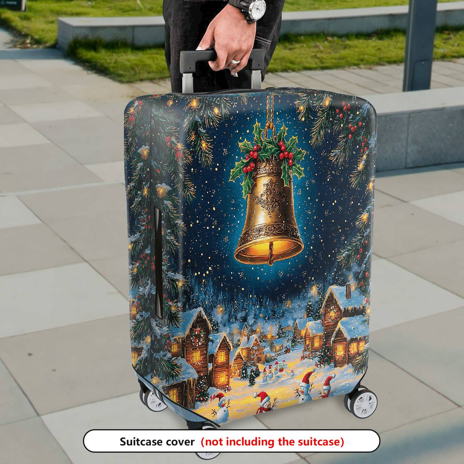 1-Piece Christmas Winter Holiday Bell Snow Village Snowman  Suitcase Luggage Cover, Stretch Protective Sleeve