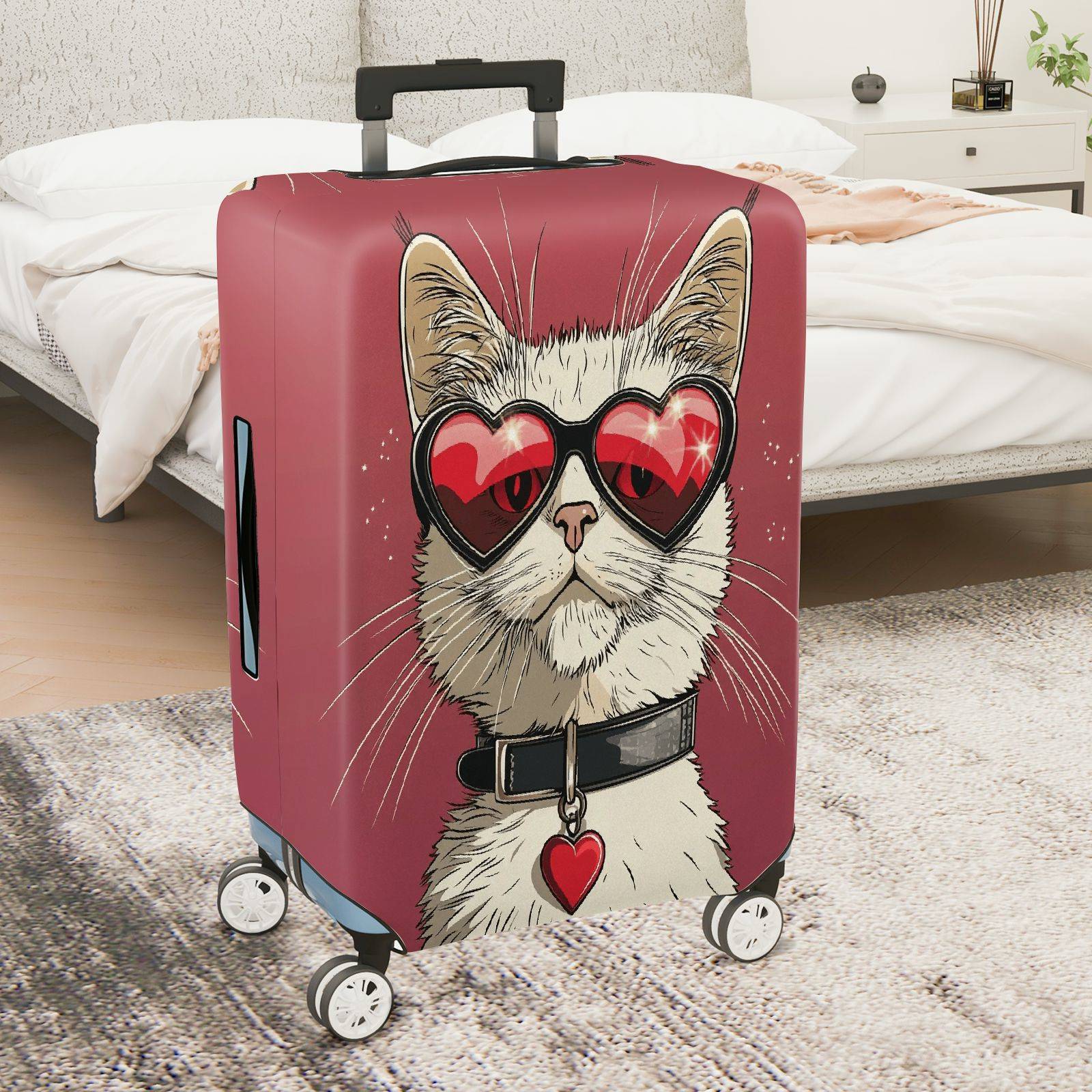 1-Piece Cat Sunglasses Heart Pink Cute  Suitcase Luggage Cover, Stretch Protective Sleeve