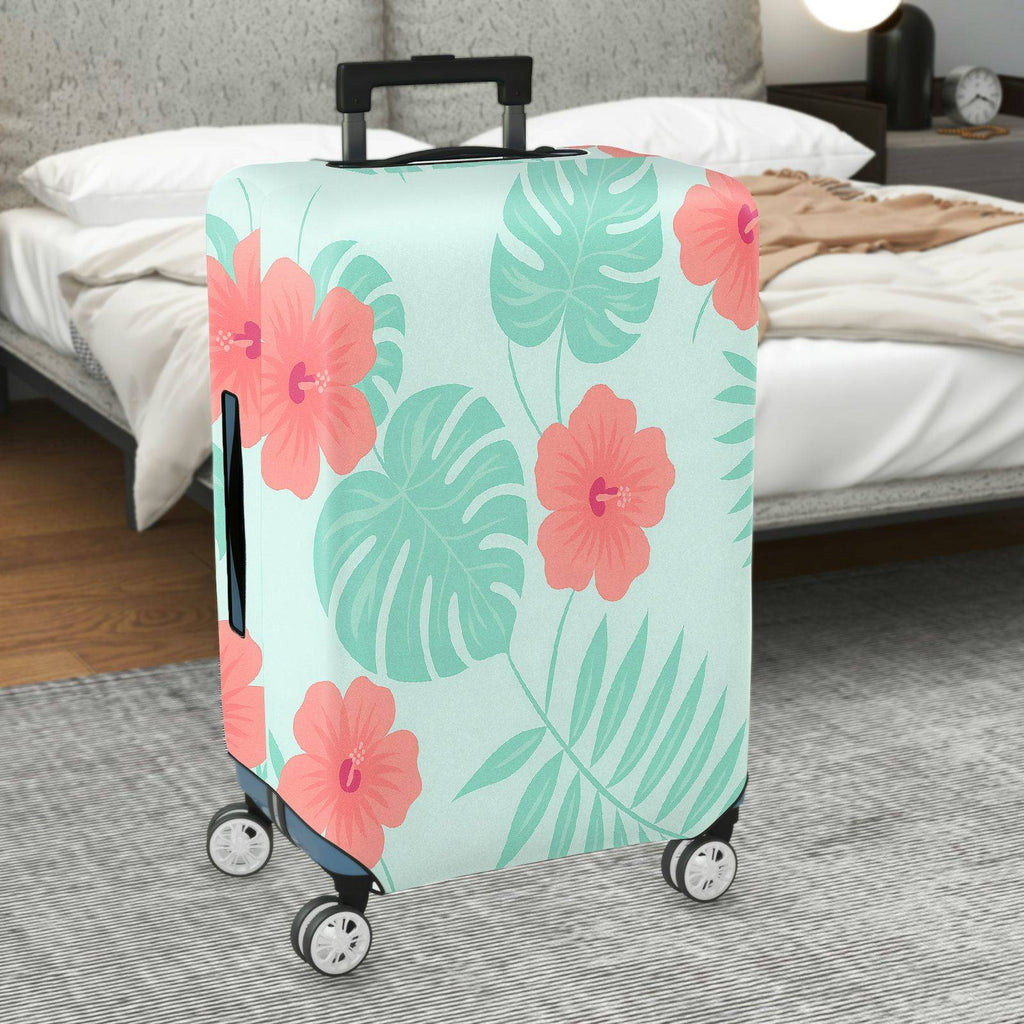 1-Piece Tropical Floral Green Leaves Coral Hibiscus Pattern  Suitcase Luggage Cover, Stretch Protective Sleeve