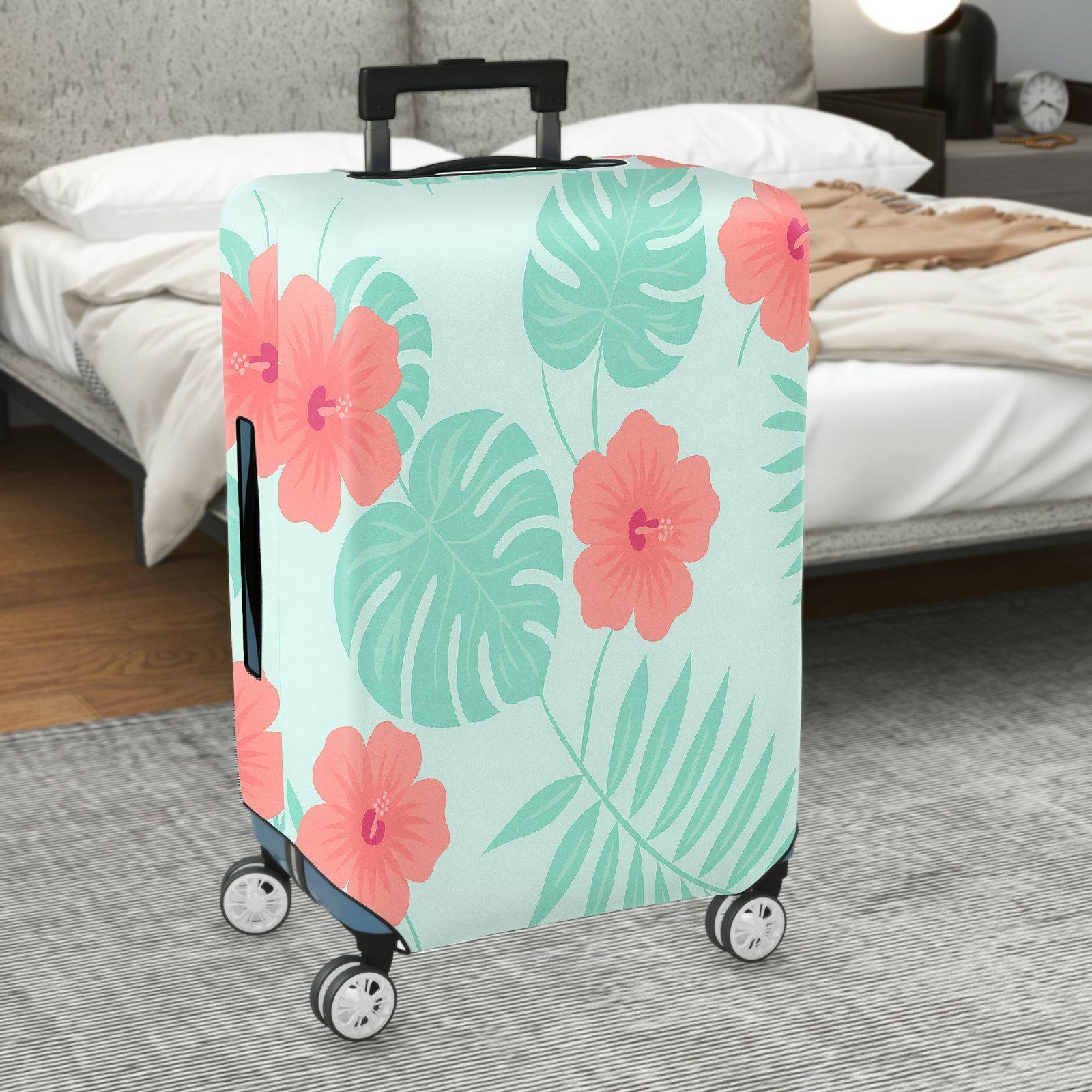 1-Piece Tropical Floral Green Leaves Coral Hibiscus Pattern  Suitcase Luggage Cover, Stretch Protective Sleeve