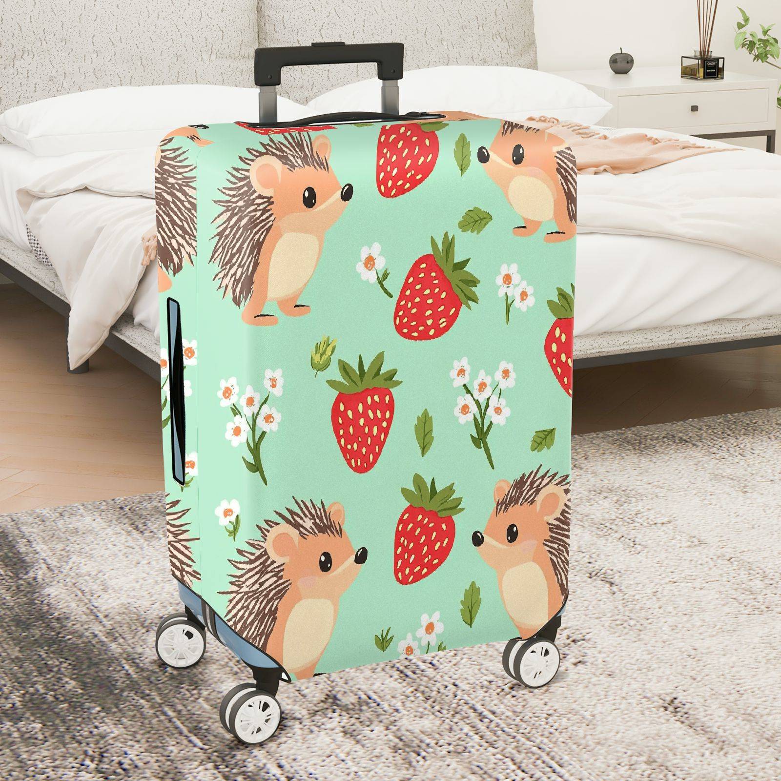 1-Piece Hedgehog Strawberry Floral Green Cute Pattern  Suitcase Luggage Cover, Stretch Protective Sleeve