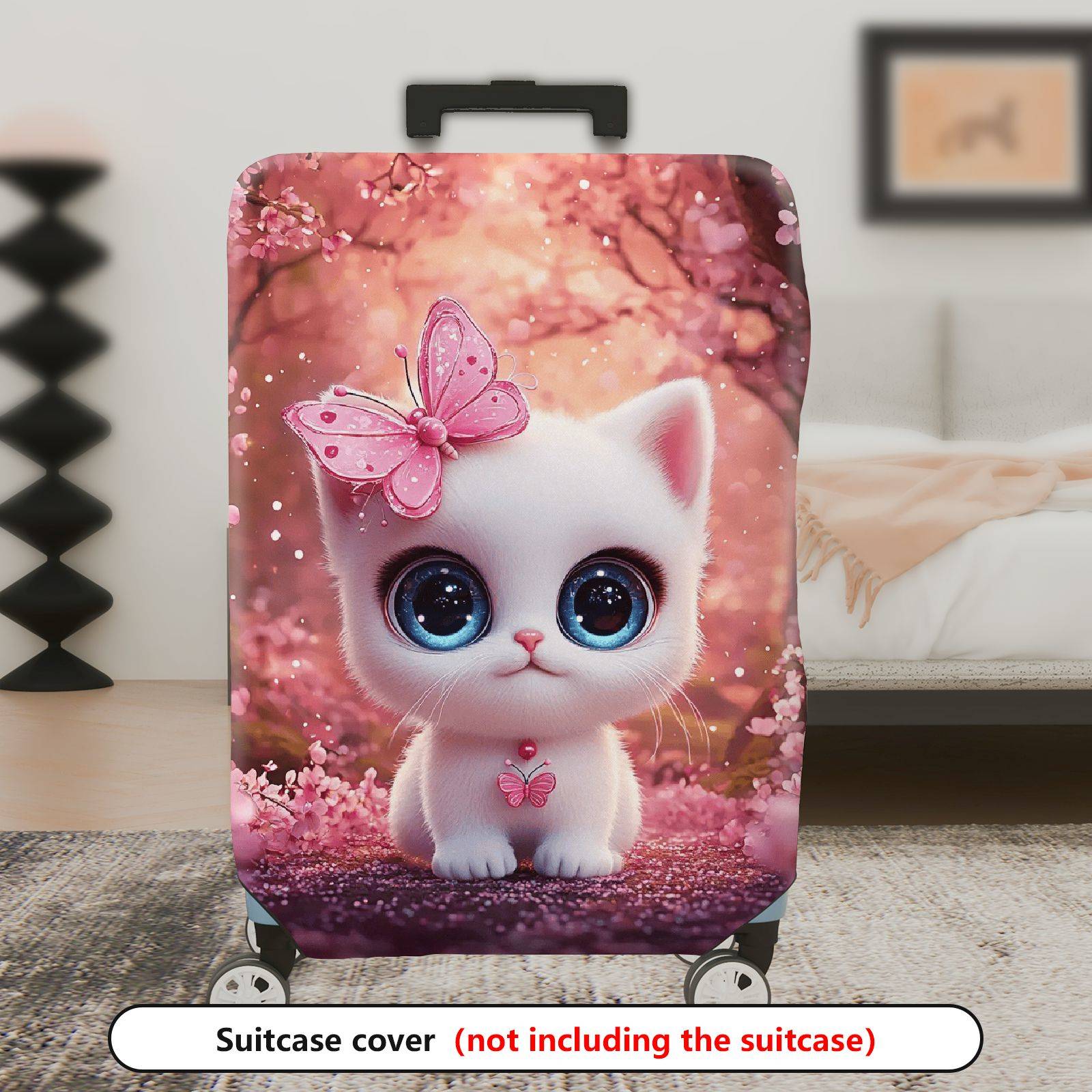 1-Piece Cute Kitten Butterfly Pink Floral Whimsical  Suitcase Luggage Cover, Stretch Protective Sleeve