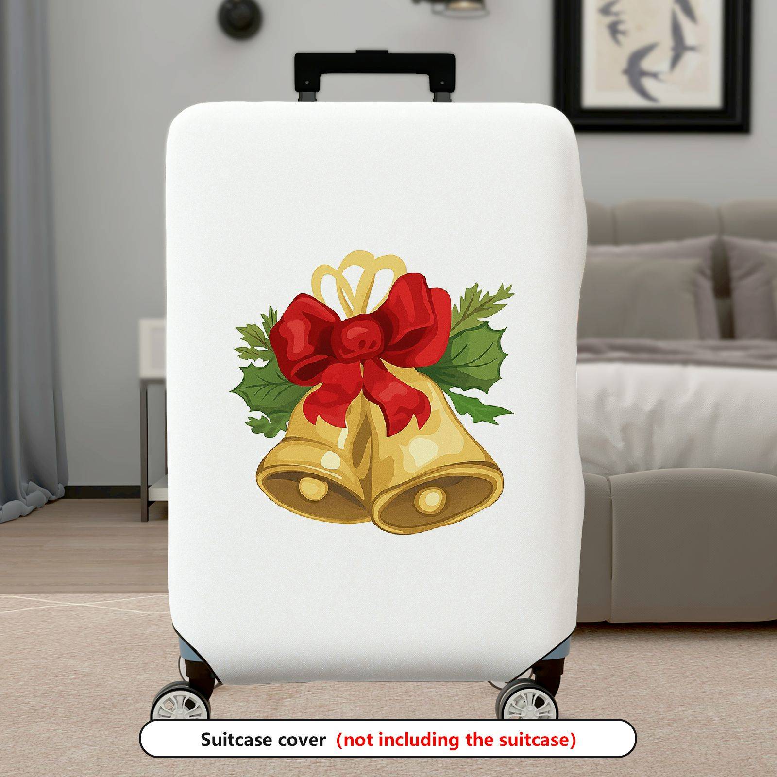 1-Piece Christmas Bell Red Bow Holiday Festive Elegant  Suitcase Luggage Cover, Stretch Protective Sleeve