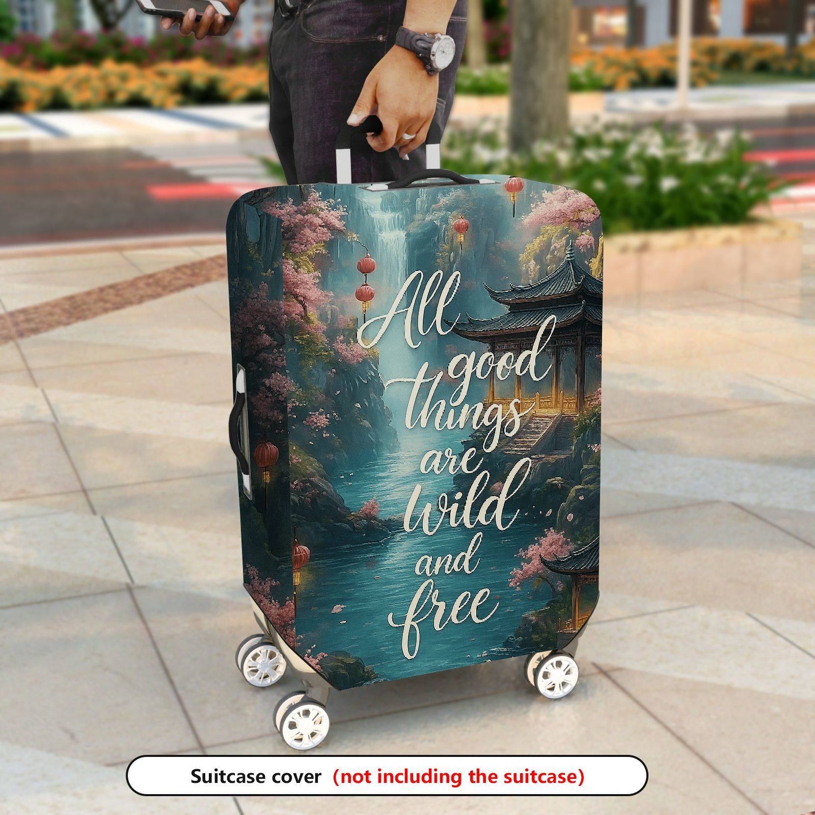 1-Piece Scenic Oriental Ink Landscape Calligraphy Lanterns Inspiration  Suitcase Luggage Cover, Stretch Protective Sleeve