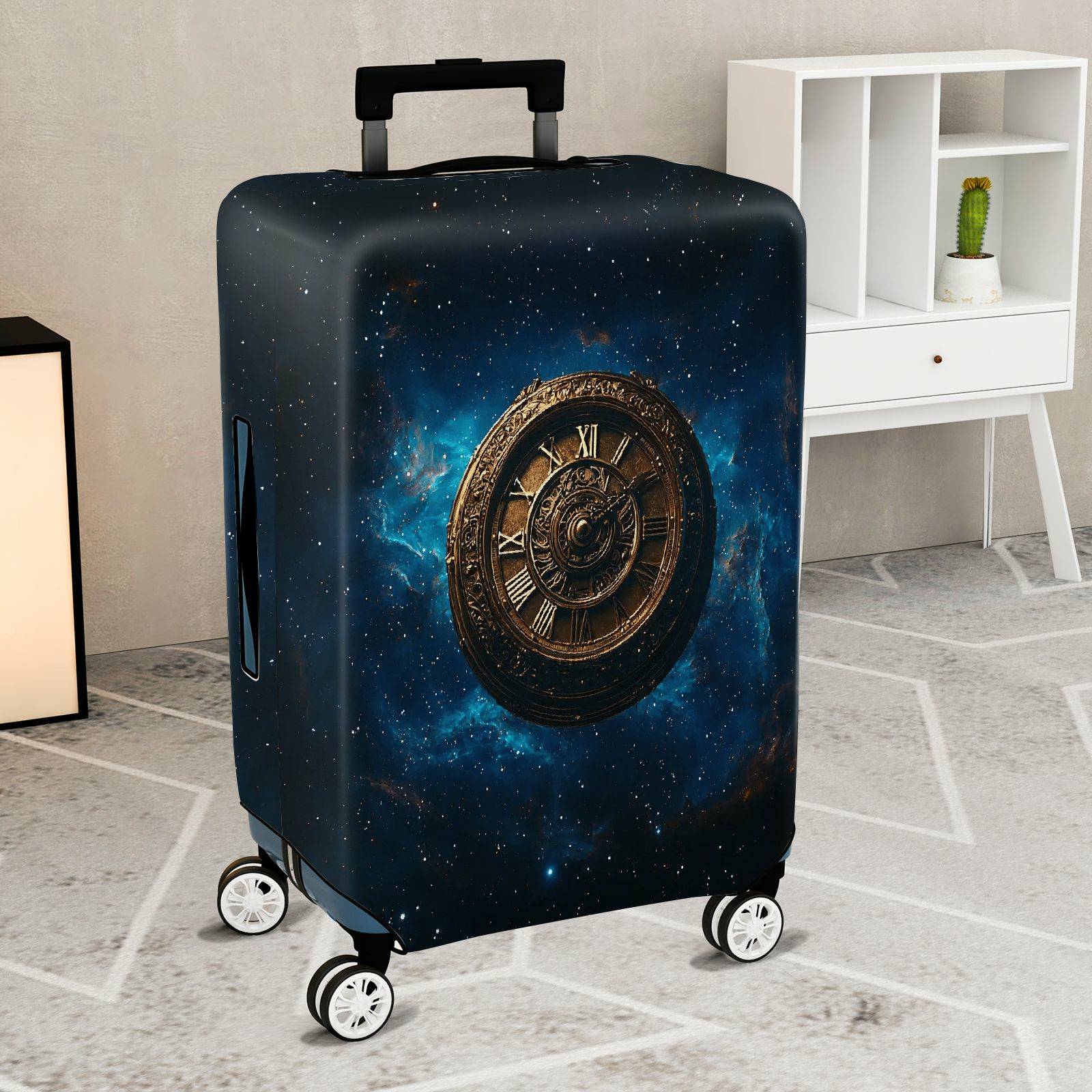 1-Piece Cosmic Time Galaxy Clock Universe Starry Night  Suitcase Luggage Cover, Stretch Protective Sleeve